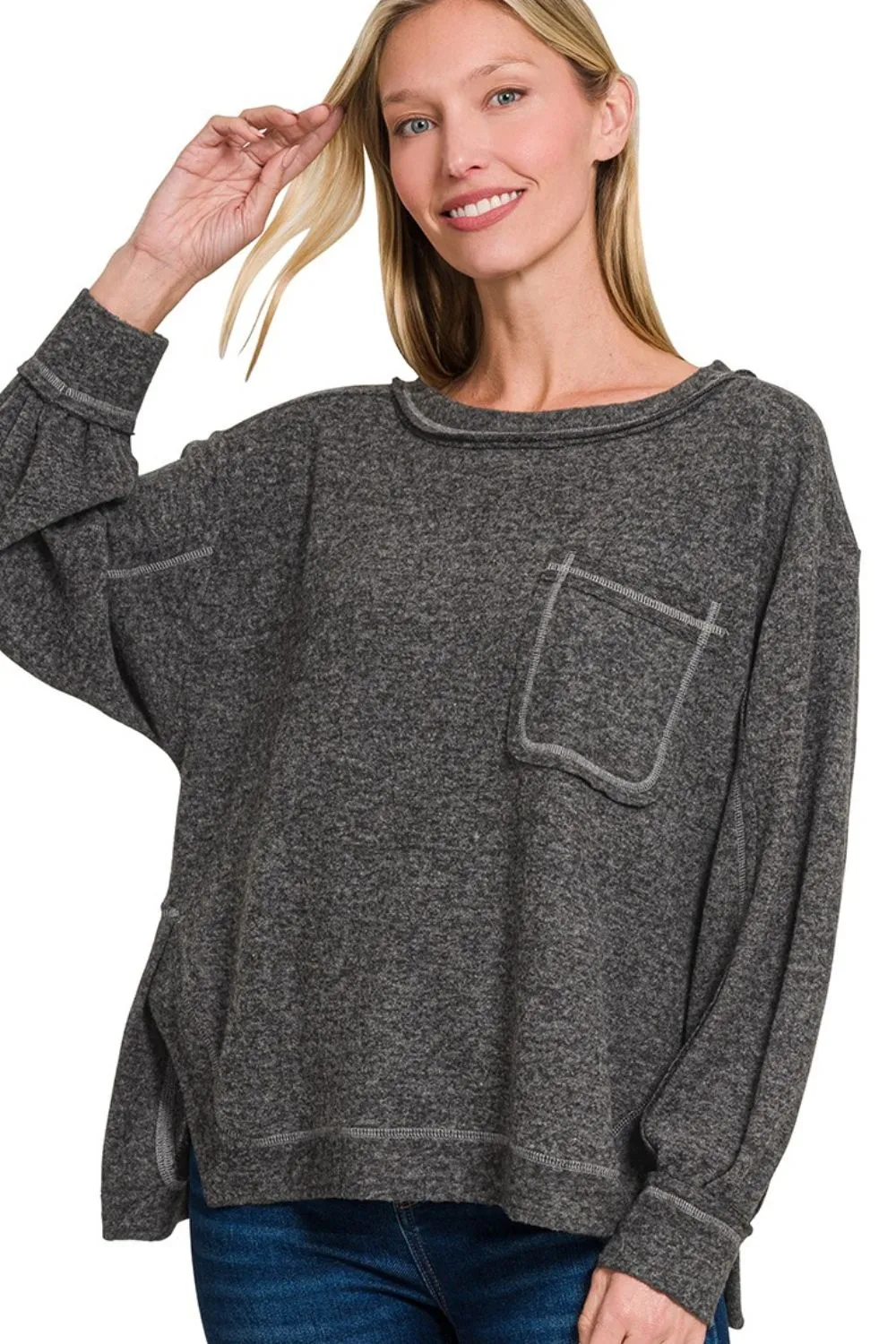 Brushed Hacci Hi-low Round Neck Knit Top