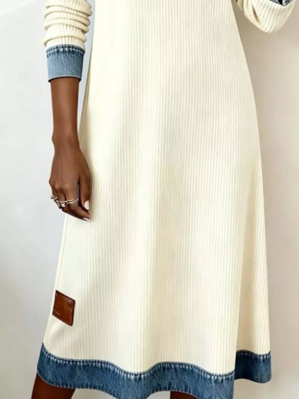 Full Size Denim Trim Ribbed Knit Midi Dress Plus Size, image 2