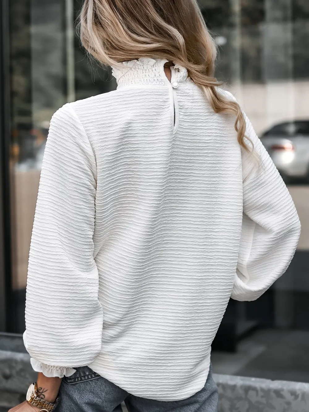 Smocked Frill Mock Neck Long Sleeve Blouse, image 3