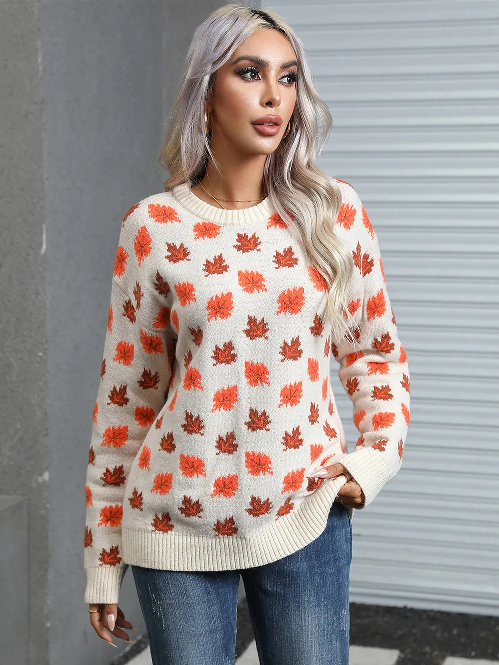 Maple Leaf Round Neck Long Sleeve Sweater, image 5