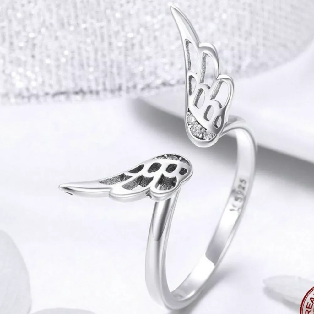 925 Sterling Silver Zircon Angel Wing Open Ring, image 4