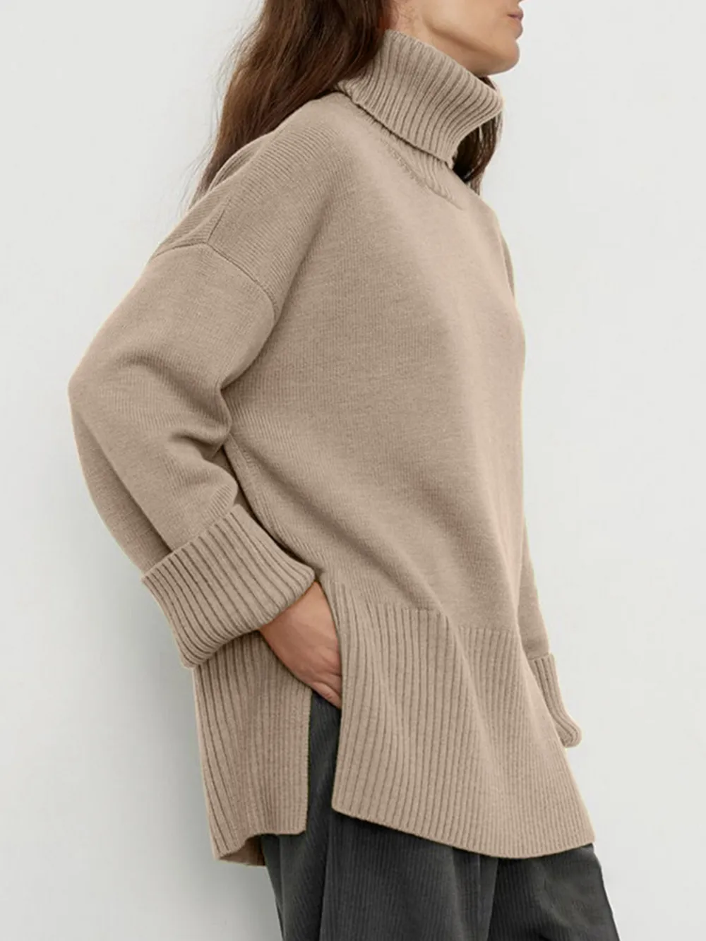 Side Slit Turtleneck Drop Shoulder Sweater, image 7