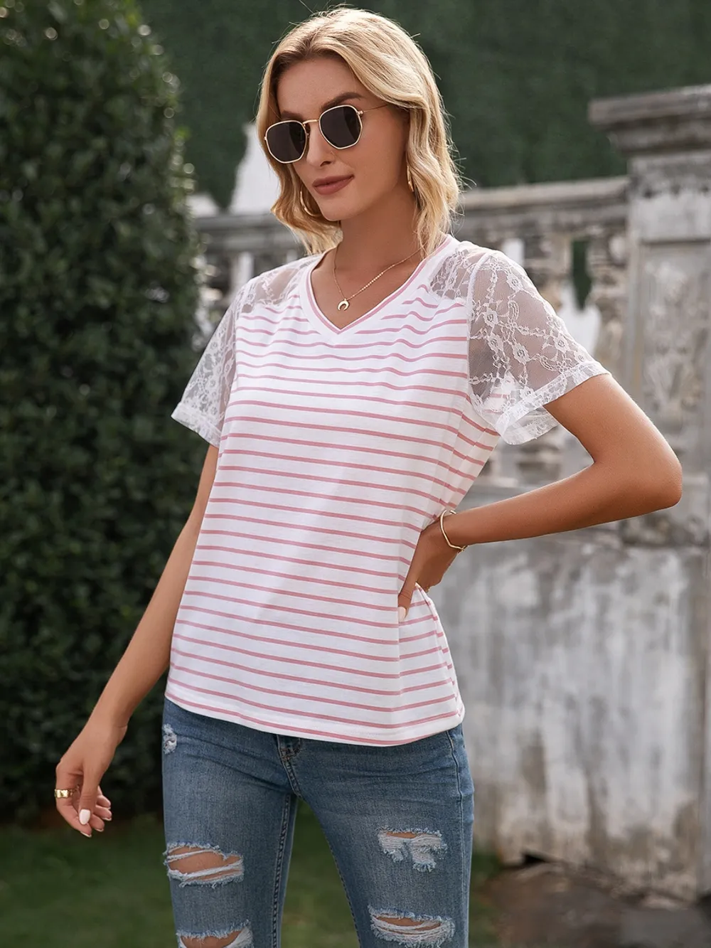 Lace Detail Striped V-Neck T-Shirt, image 8