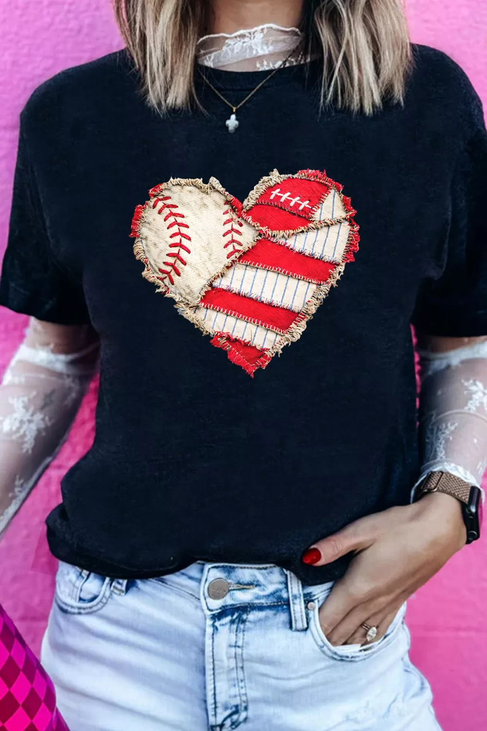 Baseball Distressed Heart Short Sleeve T Shirt, image 4