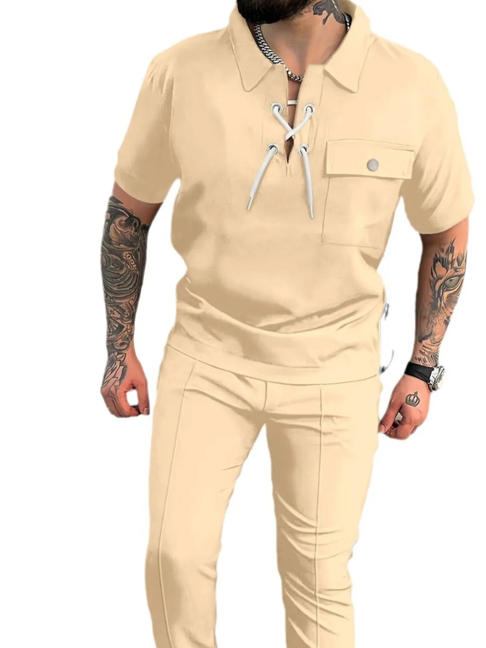 Men's Full Size Lace Up Short Sleeve Top and Pants Plus Size, image 7