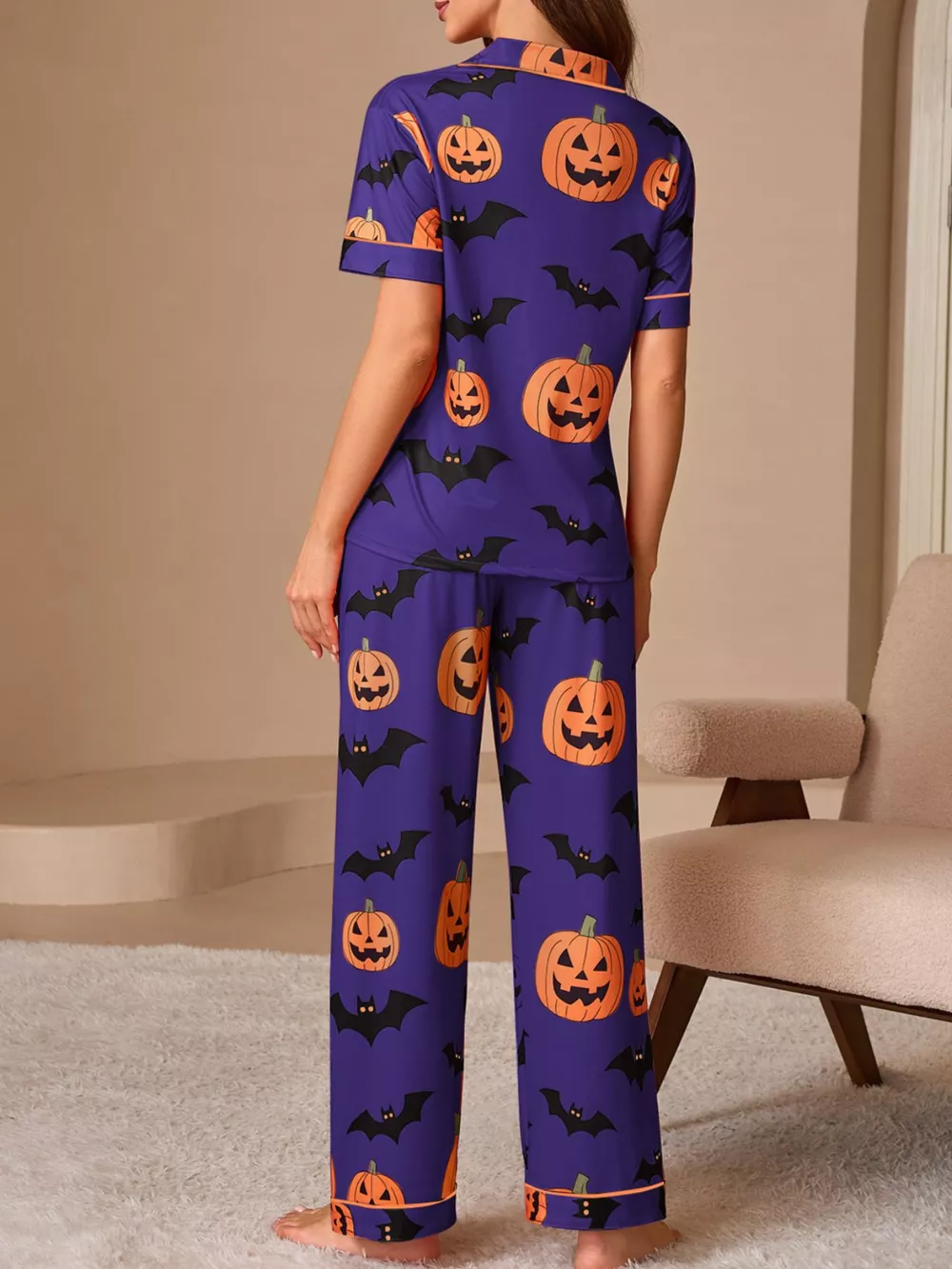 Halloween Pumpkin and Bat Print Button-Down Top and Pants Lounge Set, image 15