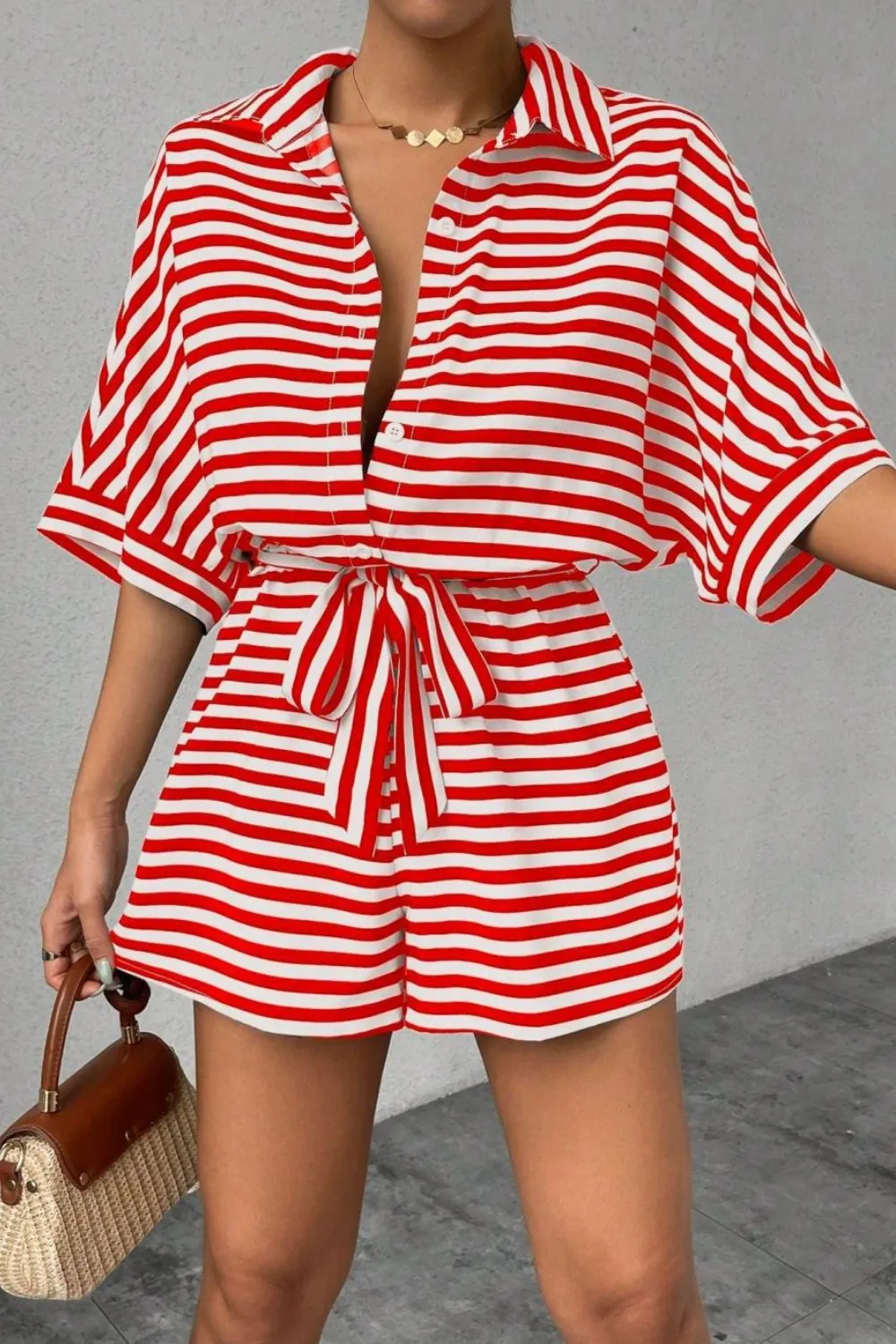 Striped Collared Neck Tie Waist Romper, image 7