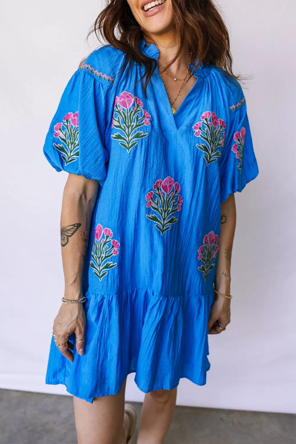 Flower Embroidered Split Neck Short Puff Sleeve Ruffle Hem Dress, image 3