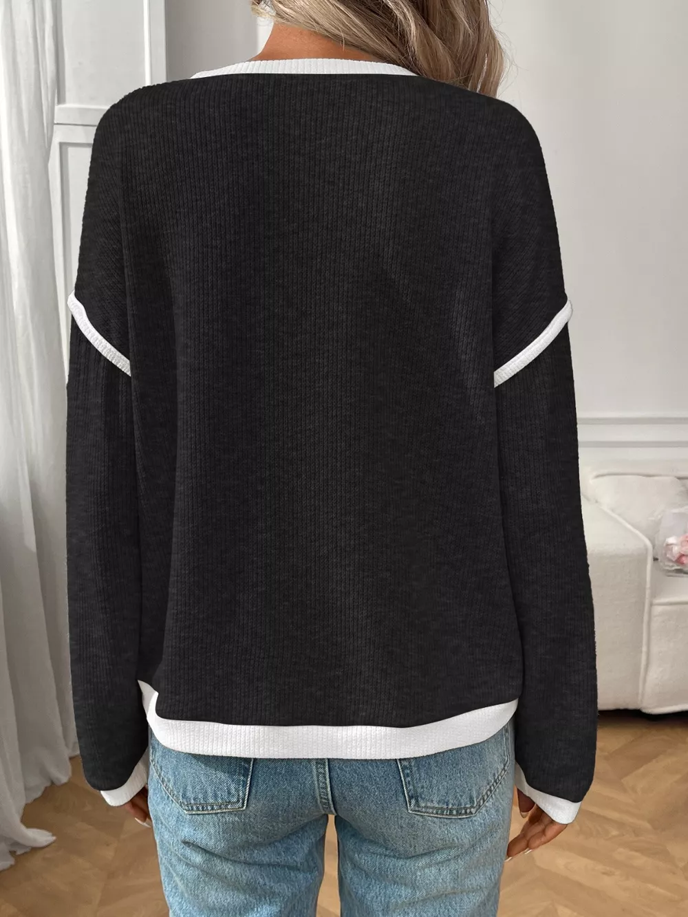 Ribbed Knit Contrast Trim Sweater, image 9