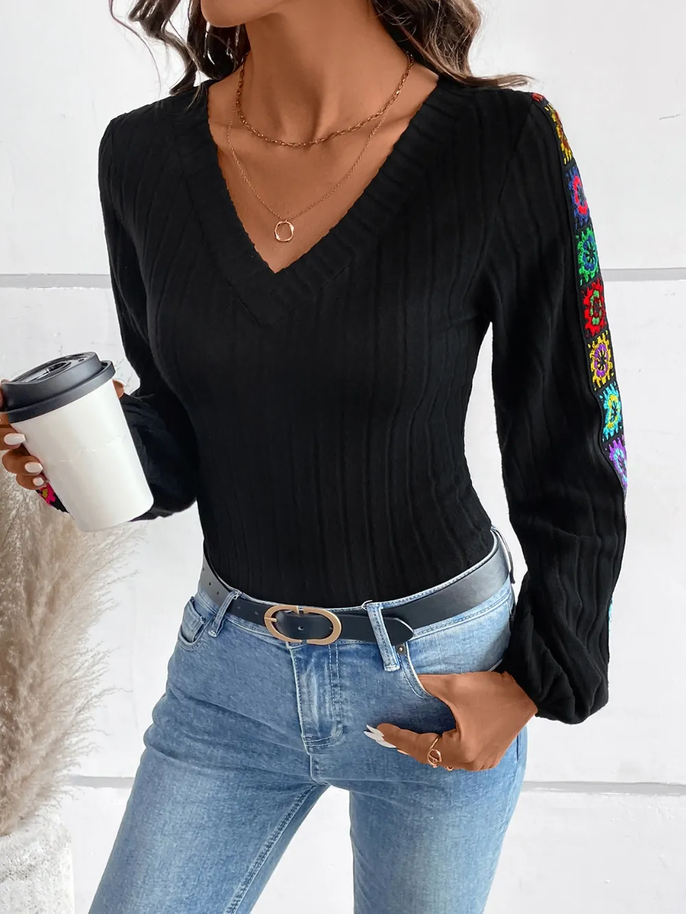 V-Neck Crochet Long Sleeve Top, image 5