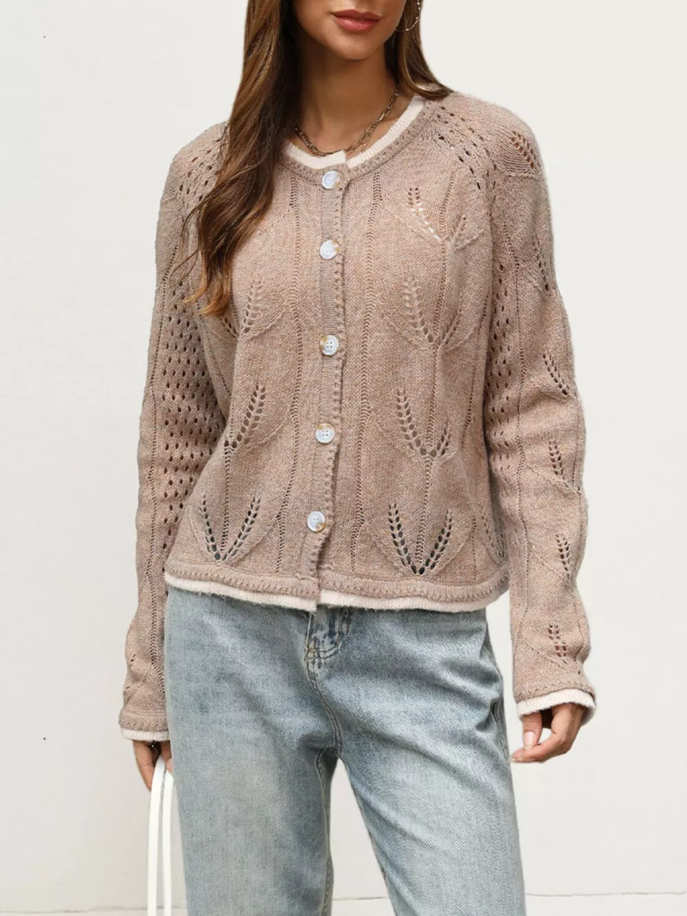Hollow-Out Knit Button-Down Cardigan, image 5