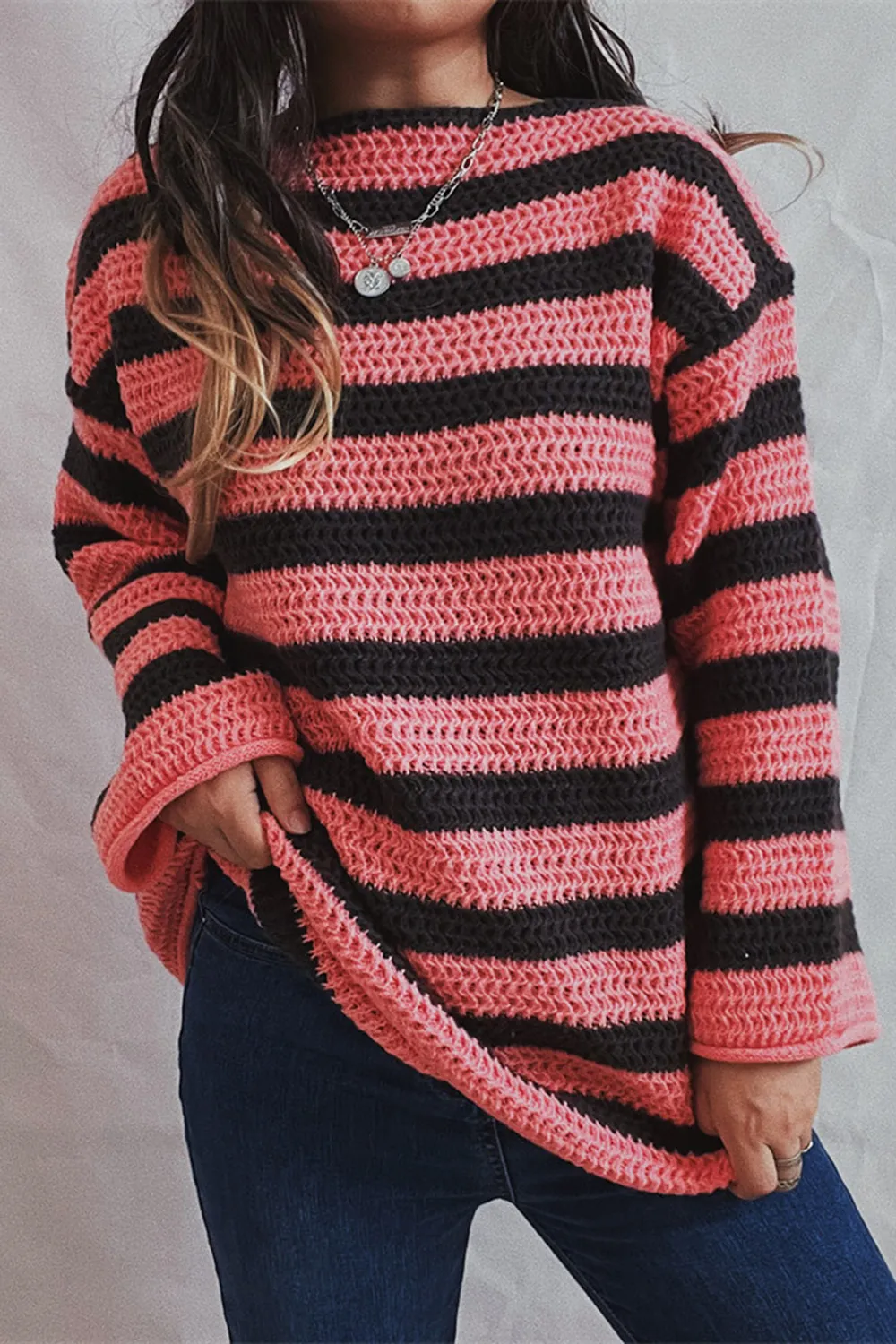 Striped Round Neck Dropped Shoulder Sweater, image 12