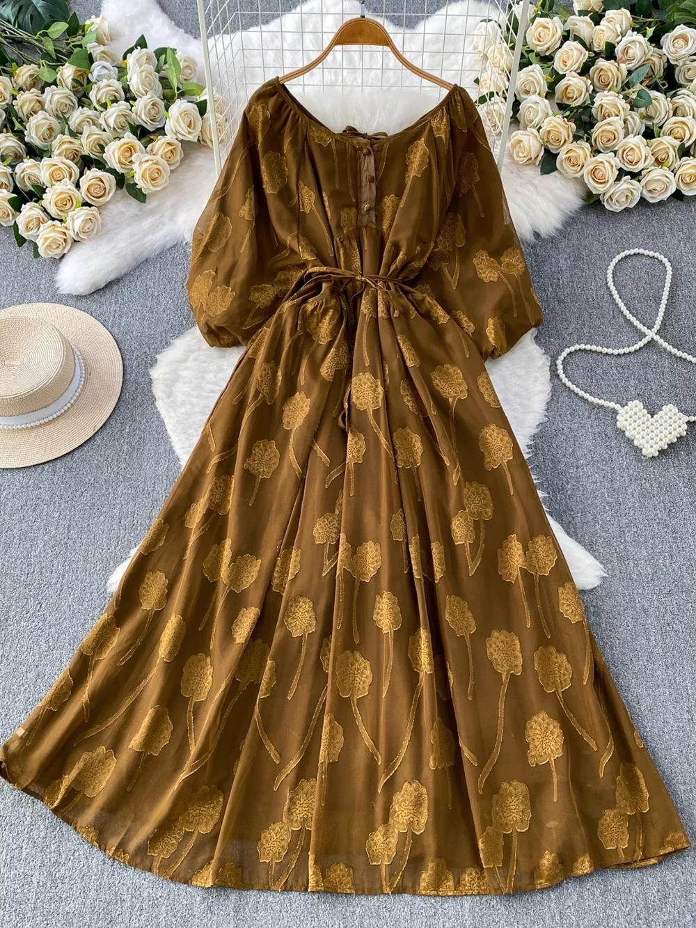 Button Front Puff Sleeve Chiffon Dress, image 20