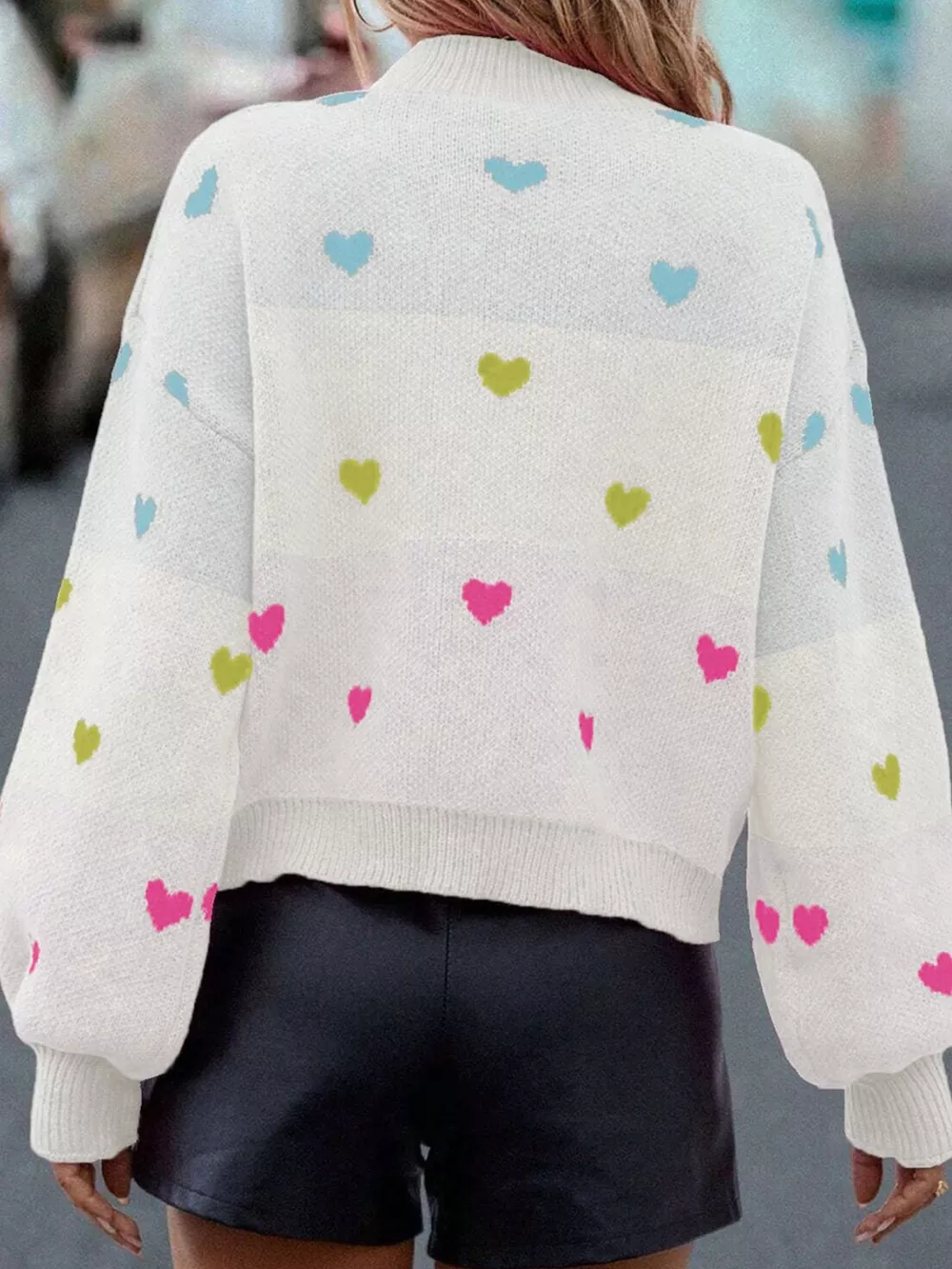 Multicolour Heart Pattern Dropped Shoulder Sweater, image 2