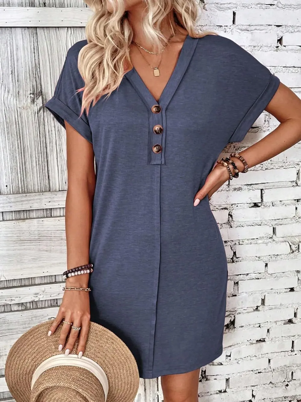 Quarter Button V-Neck Short Sleeve Dress, image 9