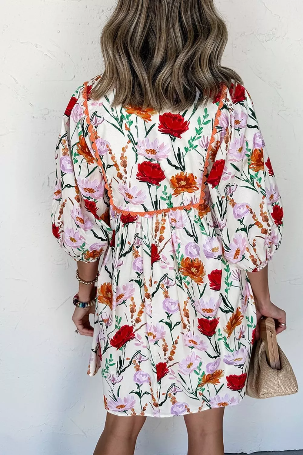Floral Print 3/4 Puff Sleeve Ricrac Trim Mini Dress, image 3