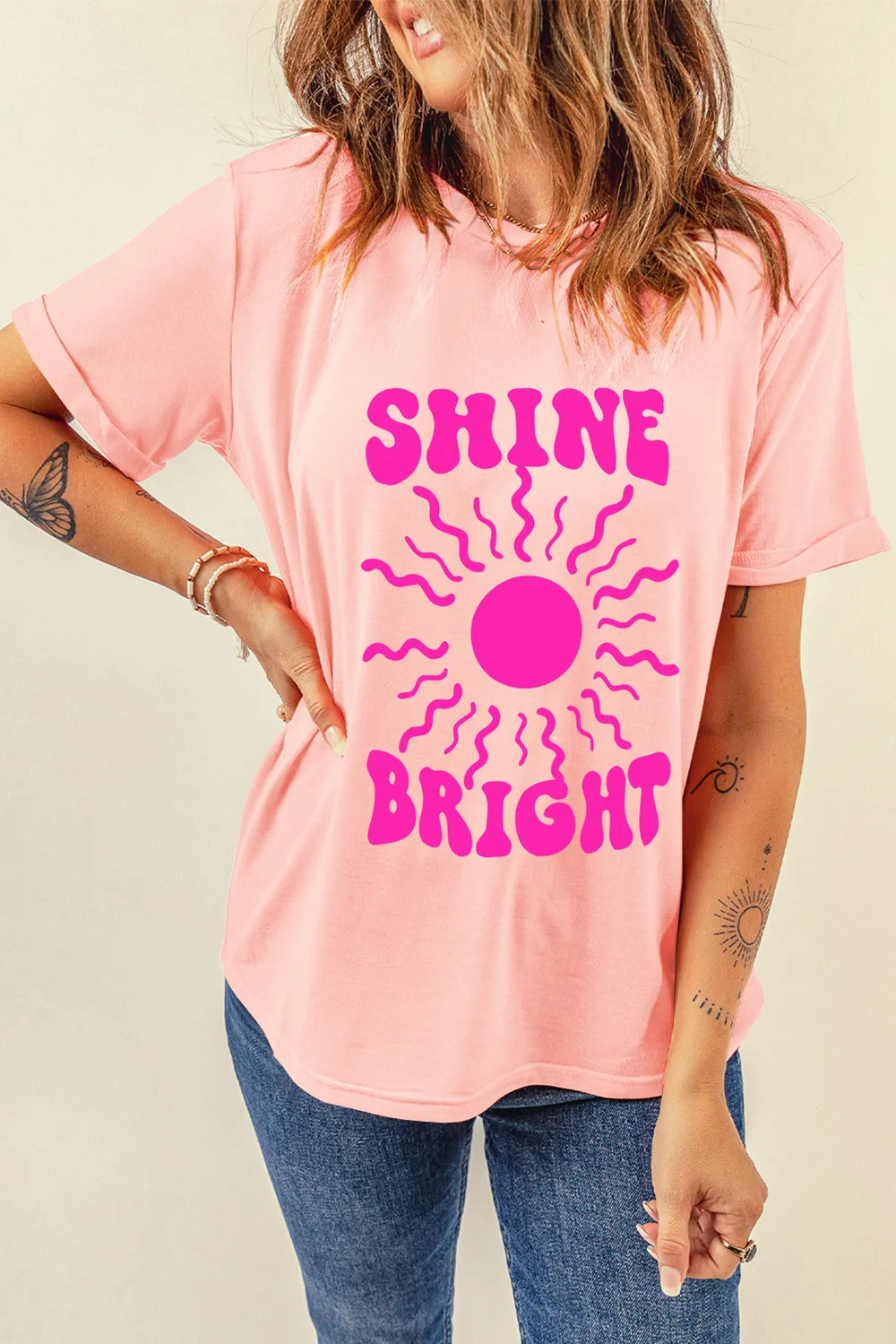 SHINE BRIGHT Round Neck Short Sleeve T-Shirt, image 2