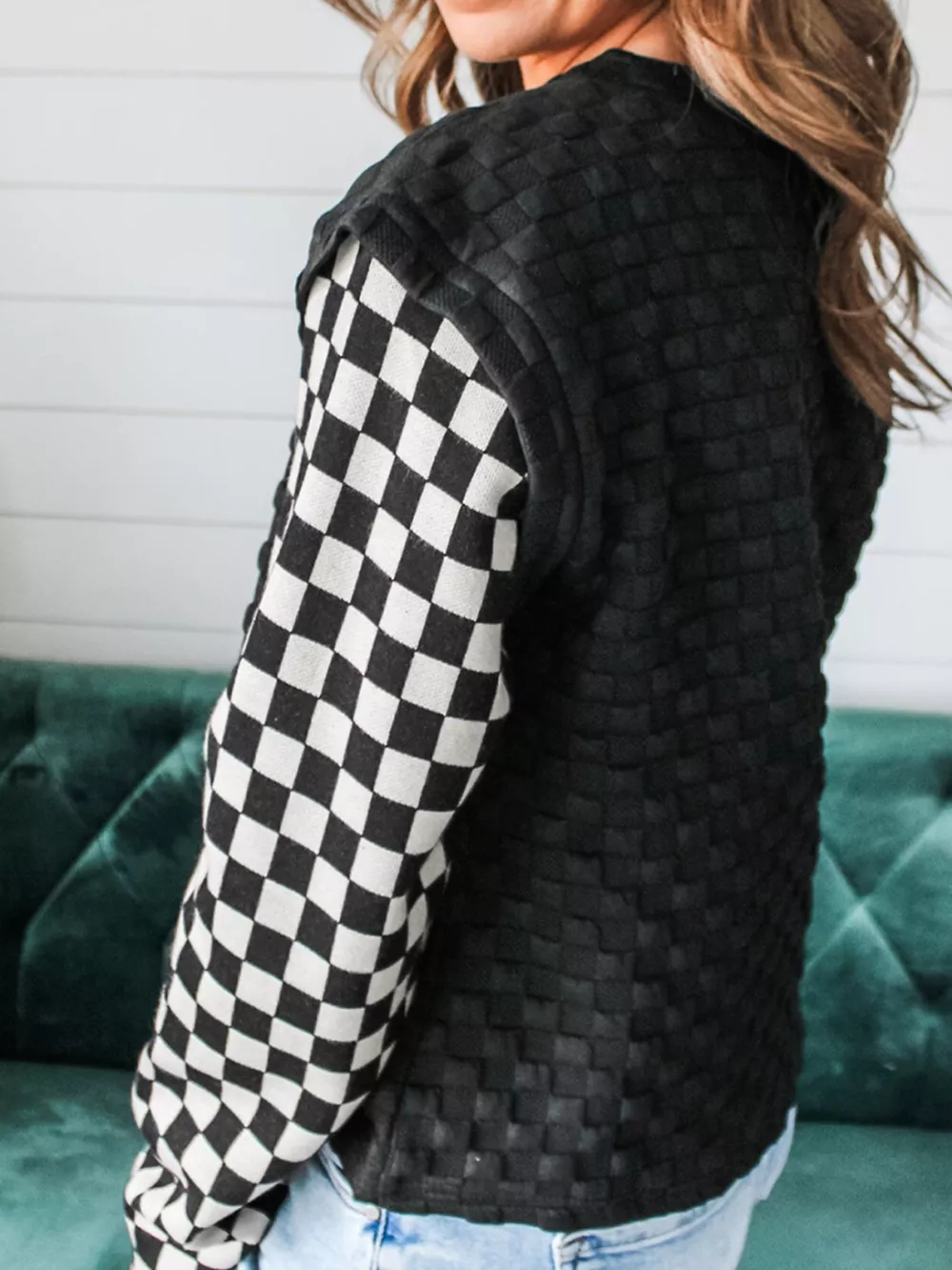 Textured Contrast Checkered Patchwork Long Sleeve Top, image 2