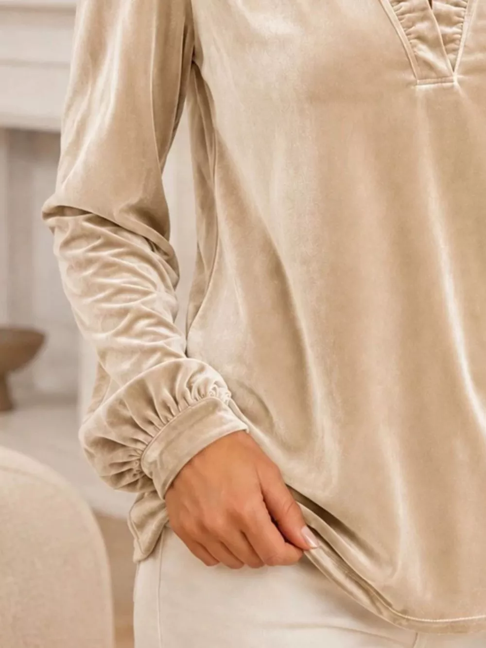 V-Neck Ruffle Trim Velvet Blouse, image 3