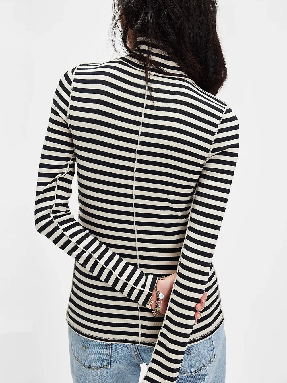 Exposed Seam Striped Turtleneck Long Sleeve T-Shirt, image 3