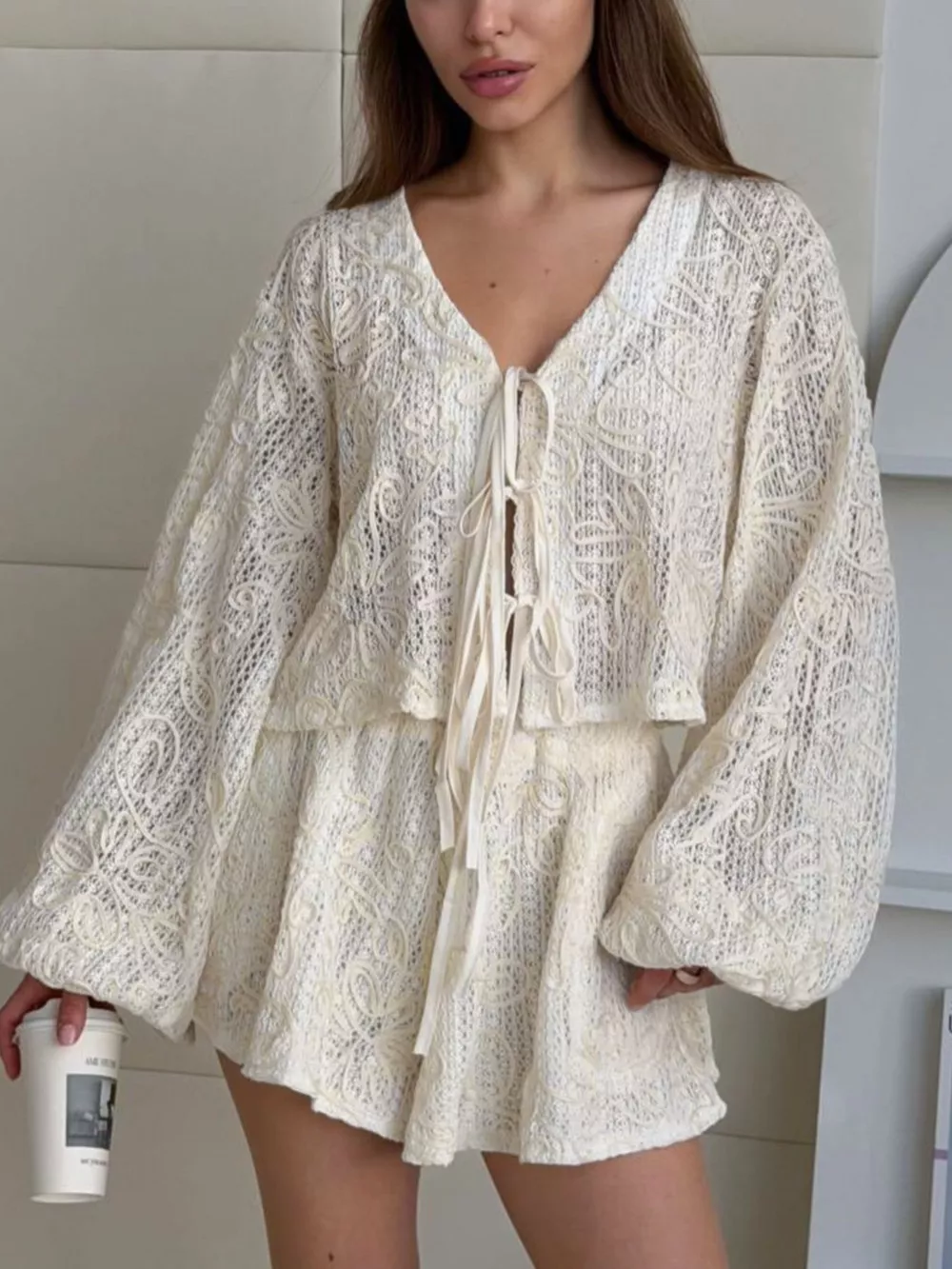 Lace Crochet Tie Front Top and Shorts Two-Piece Lounge Set, image 3