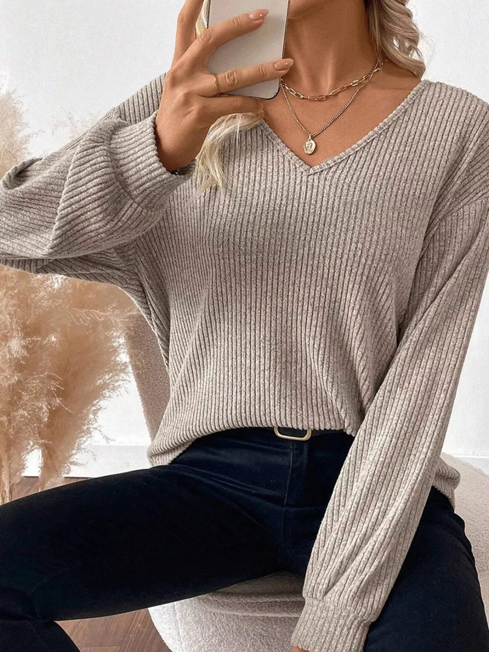 Ribbed V Neck Contrast Ribbon Bow Back Drop Shoulder Long Sleeve Top, image 3
