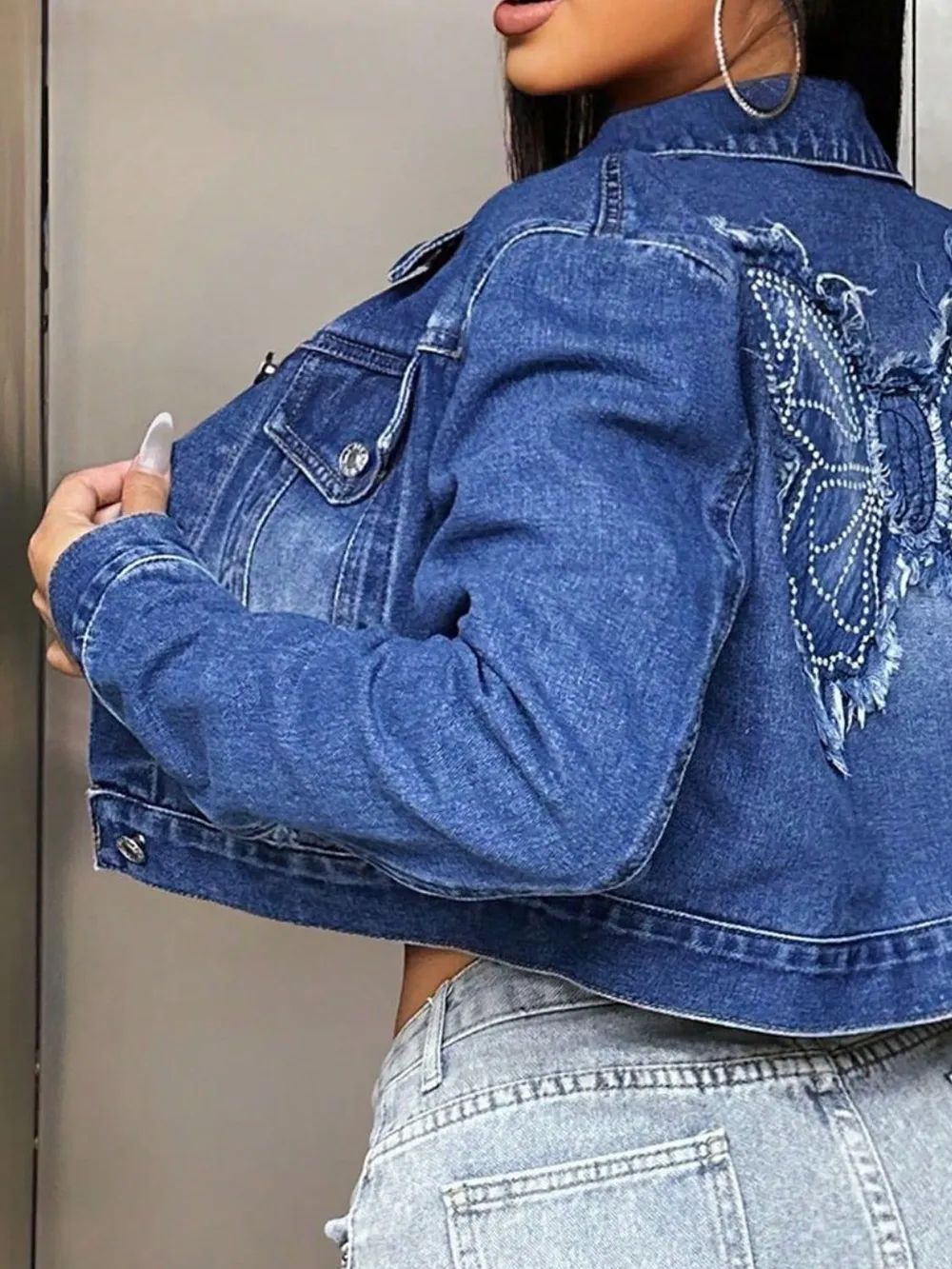Butterfly Patch Long Sleeve Cropped Denim Top, image 3