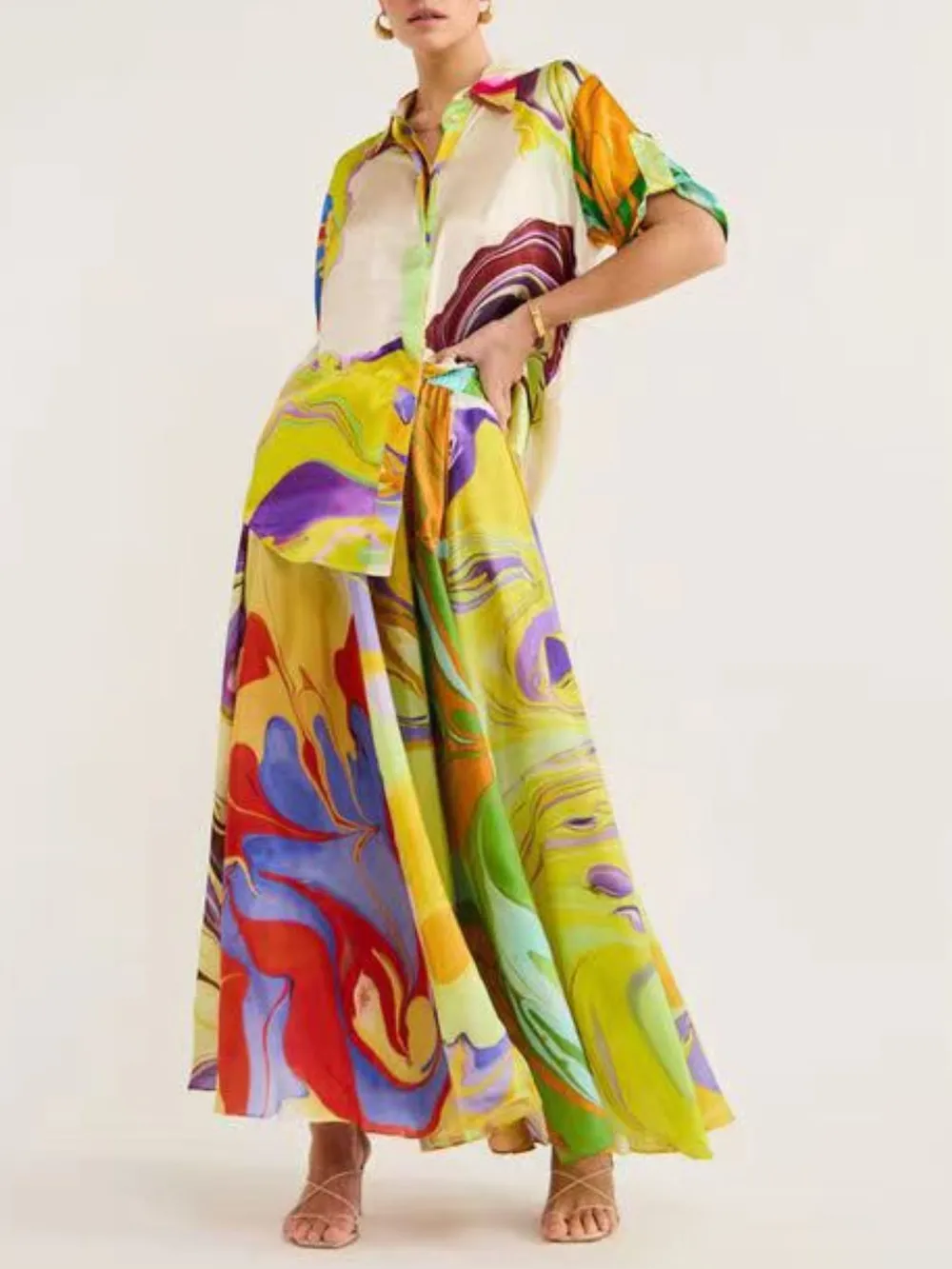 Printed Button Up Shirt and Skirt Set, image 2