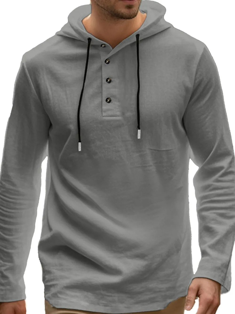 Men's Full Size Drawstring Button Detail Long Sleeve Hoodie Plus Size, image 3
