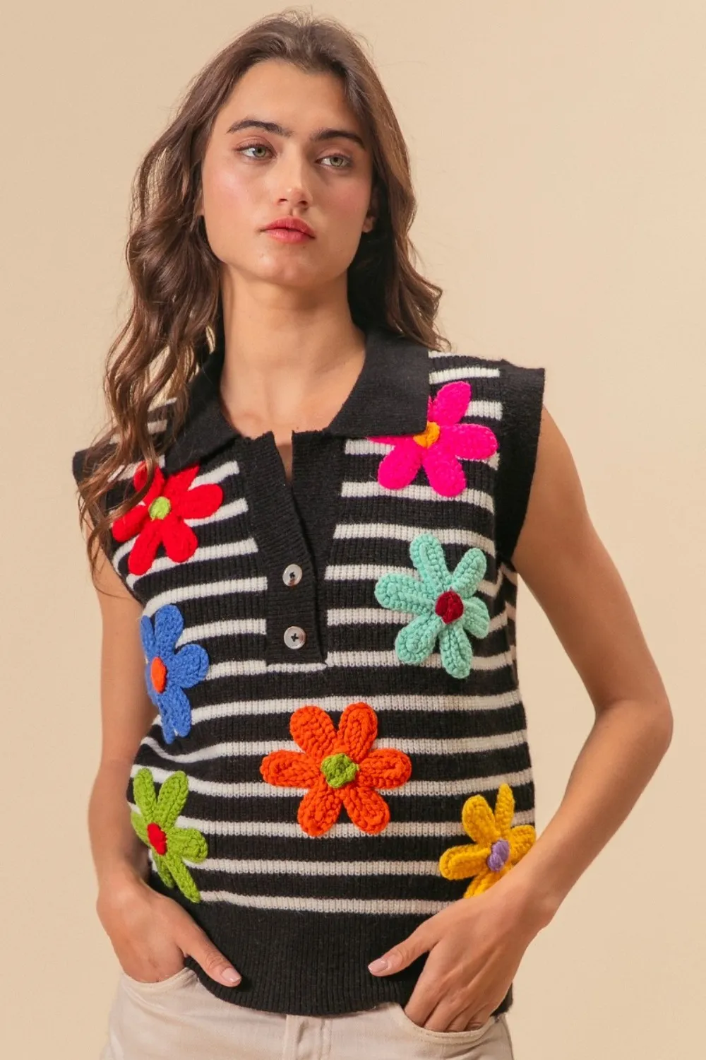 Flower Patch Striped Half Button Sweater Vest, image 4