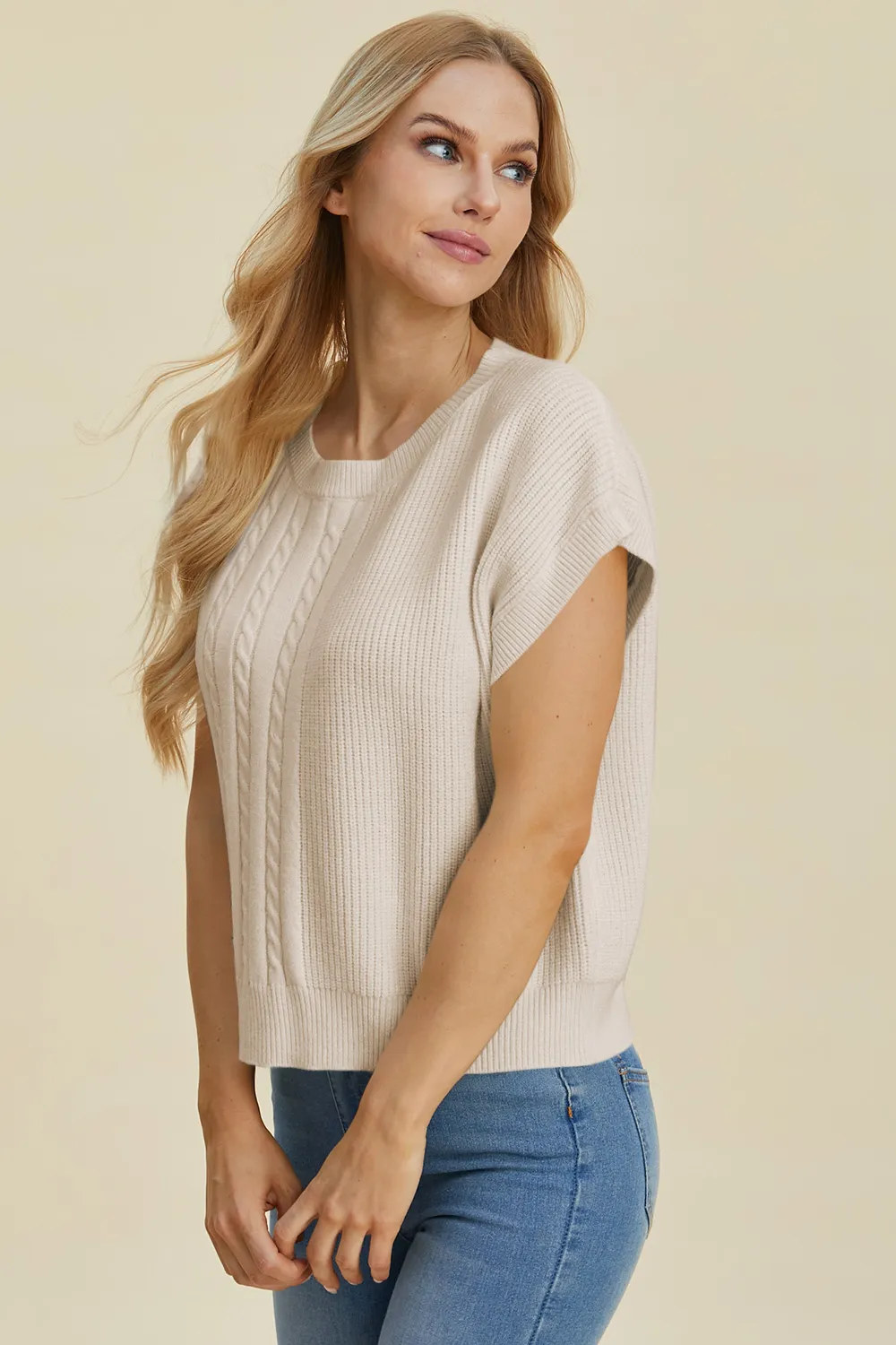 Full Size Cable-Knit Round Neck Short Sleeve Sweater, image 7