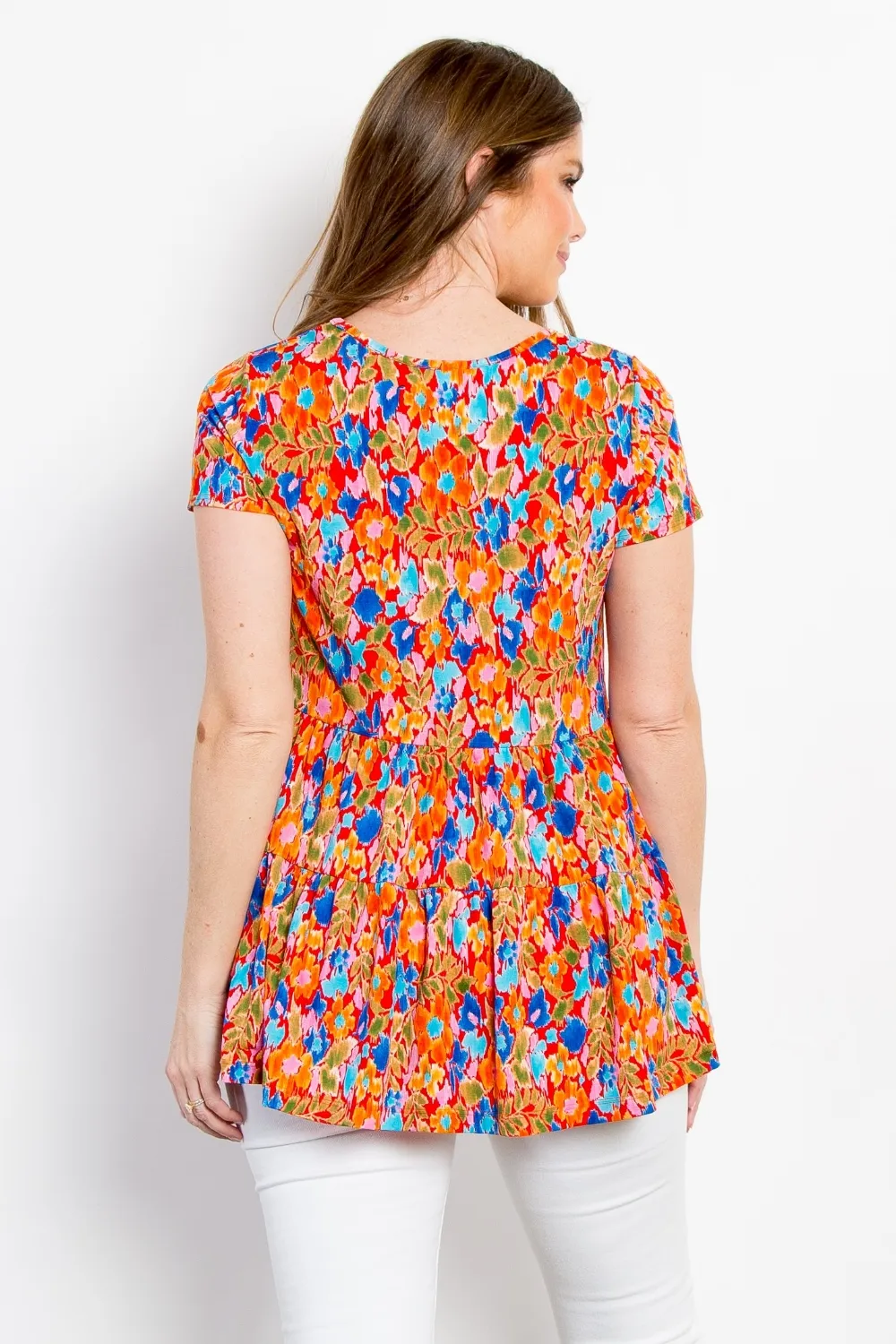 Full Size Floral Short Sleeve Babydoll Top, image 2