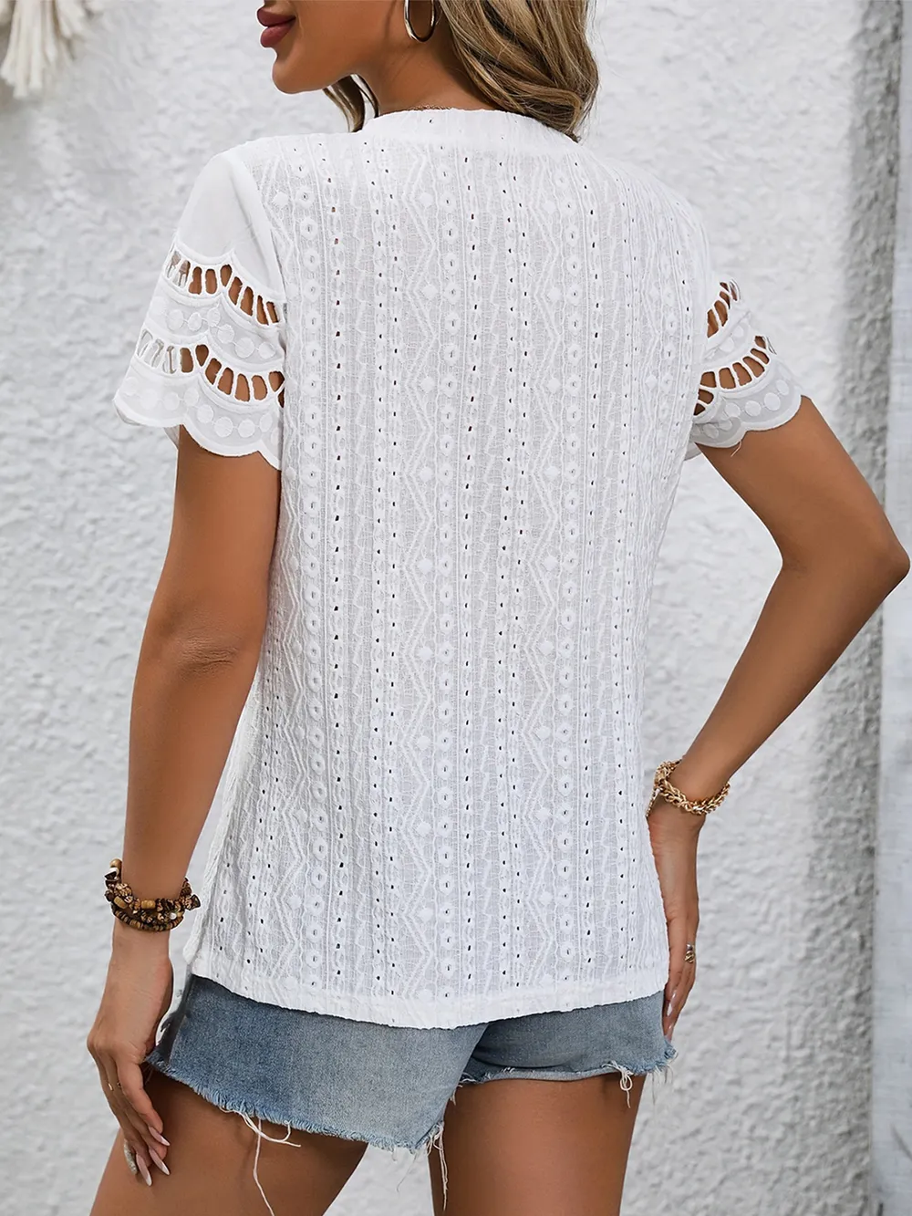 Full Size Eyelet Round Neck Short Sleeve Top, image 8