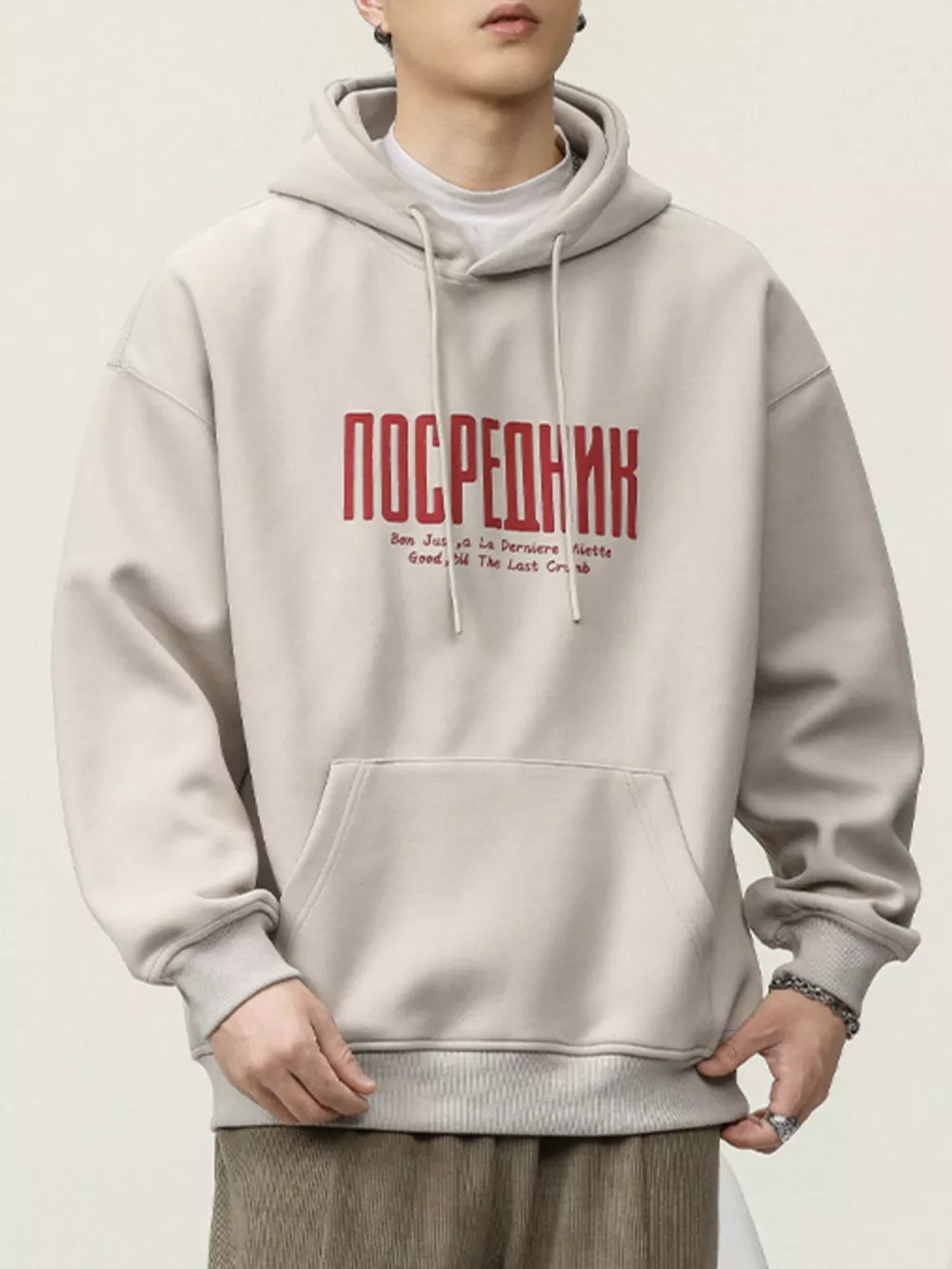 Men's Plus Size Drawstring Letter Dropped Shoulder Hoodie, image 6