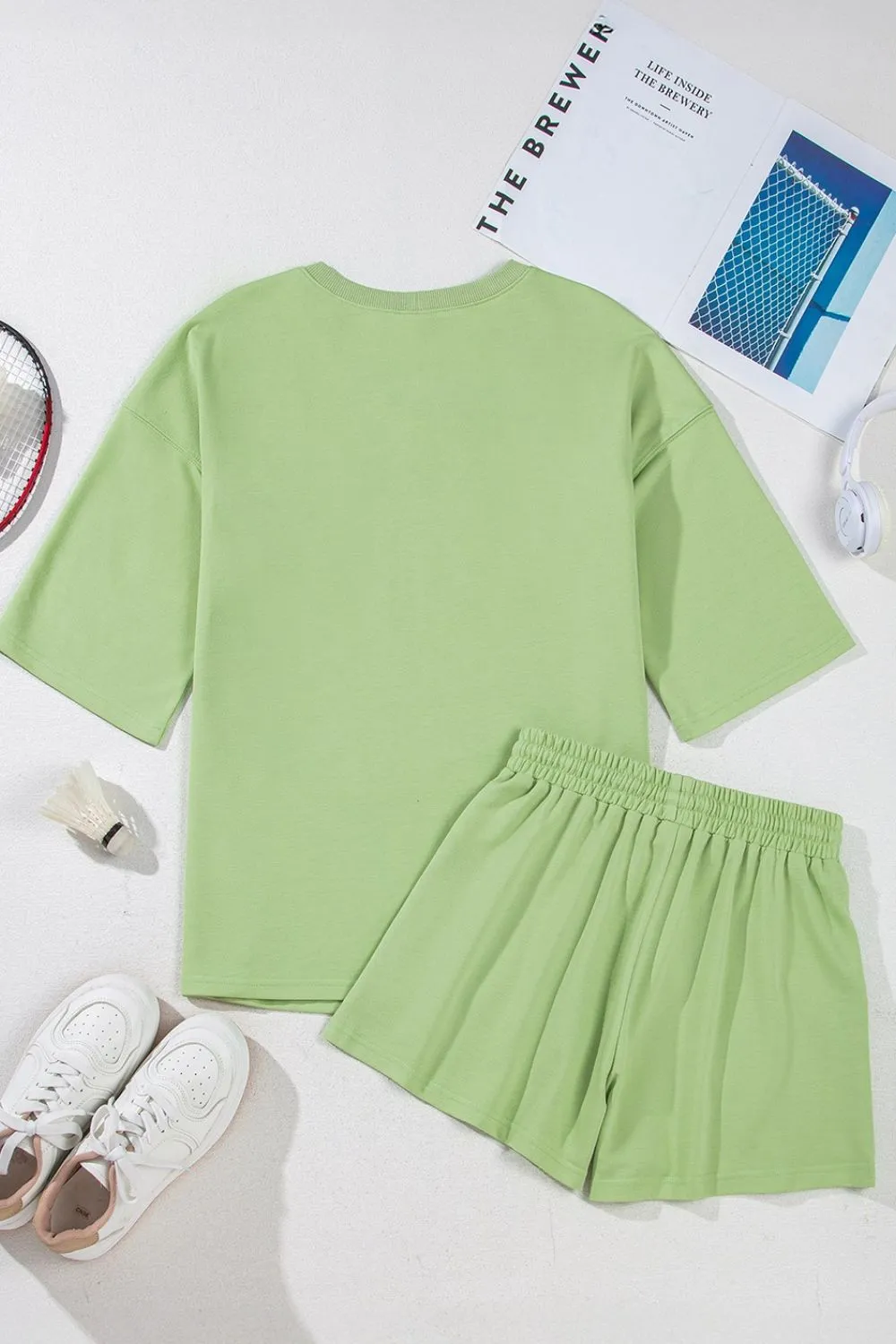 Loose V Neck Half Sleeve Tee and Drawstring Shorts Plus Size, image 3