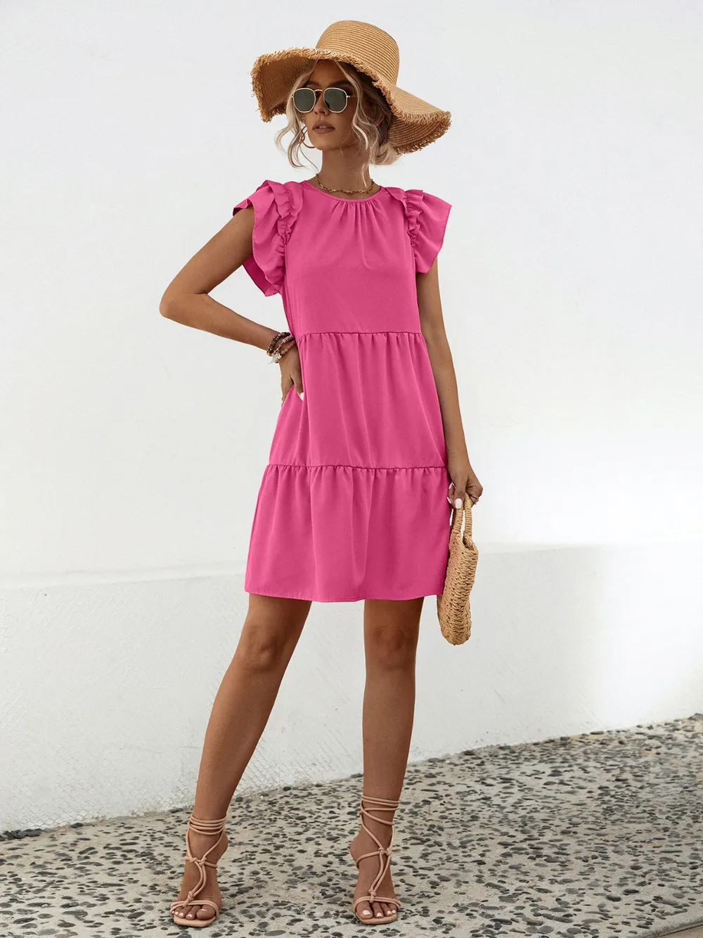 Ruffled Round Neck Cap Sleeve Mini Dress, image 4