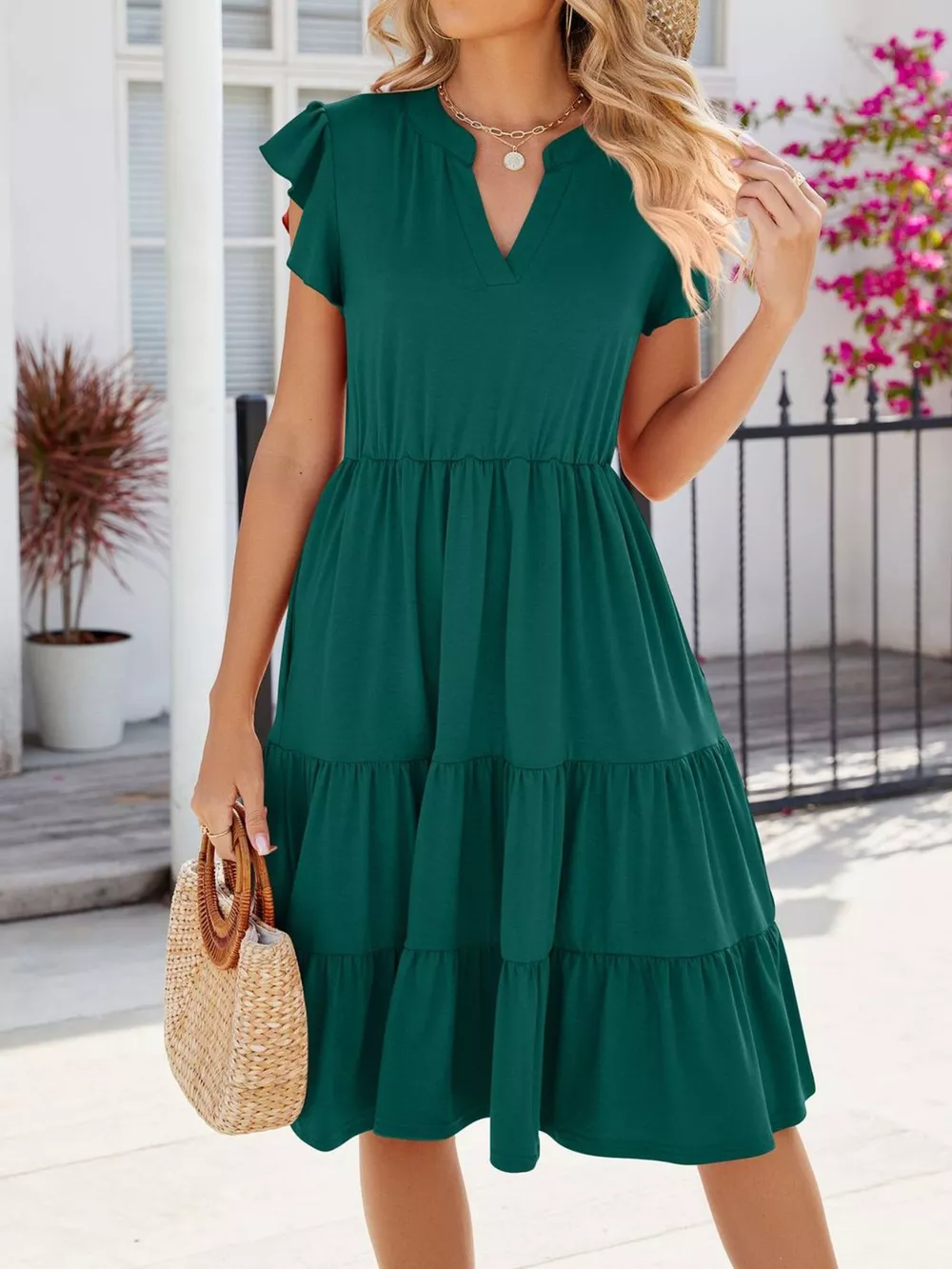 Ruffled Notched Tiered Midi Dress, image 9