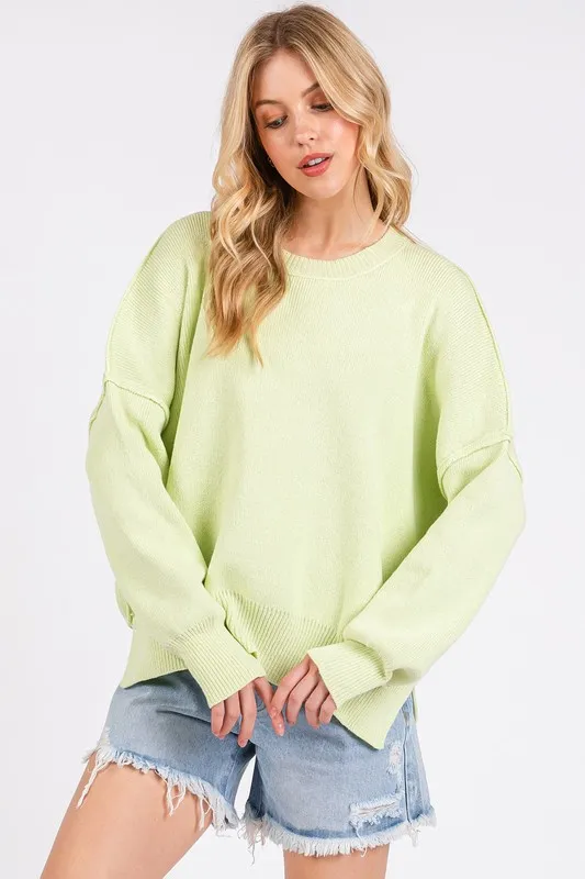 Side Slit Round Neck Drop Shoulder Sweater