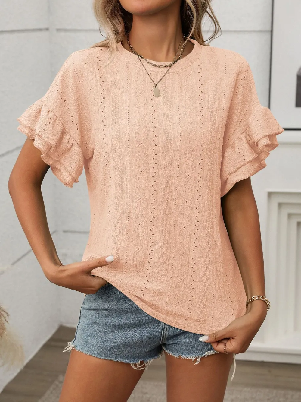 Eyelet Round Neck Flounce Sleeve Top, image 4