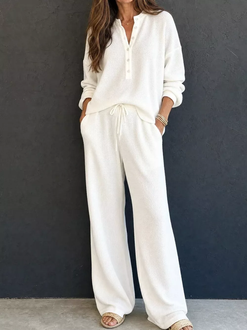 Waffle Knit Henley Top and Wide Leg Pants Set