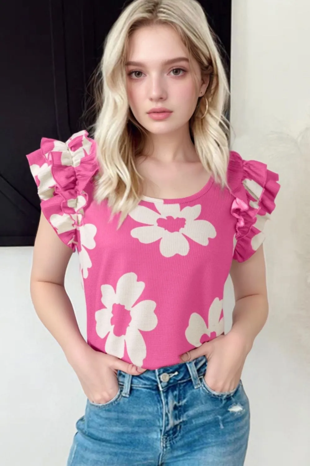 Flower Round Neck Ruffled Sleeve Top, image 2