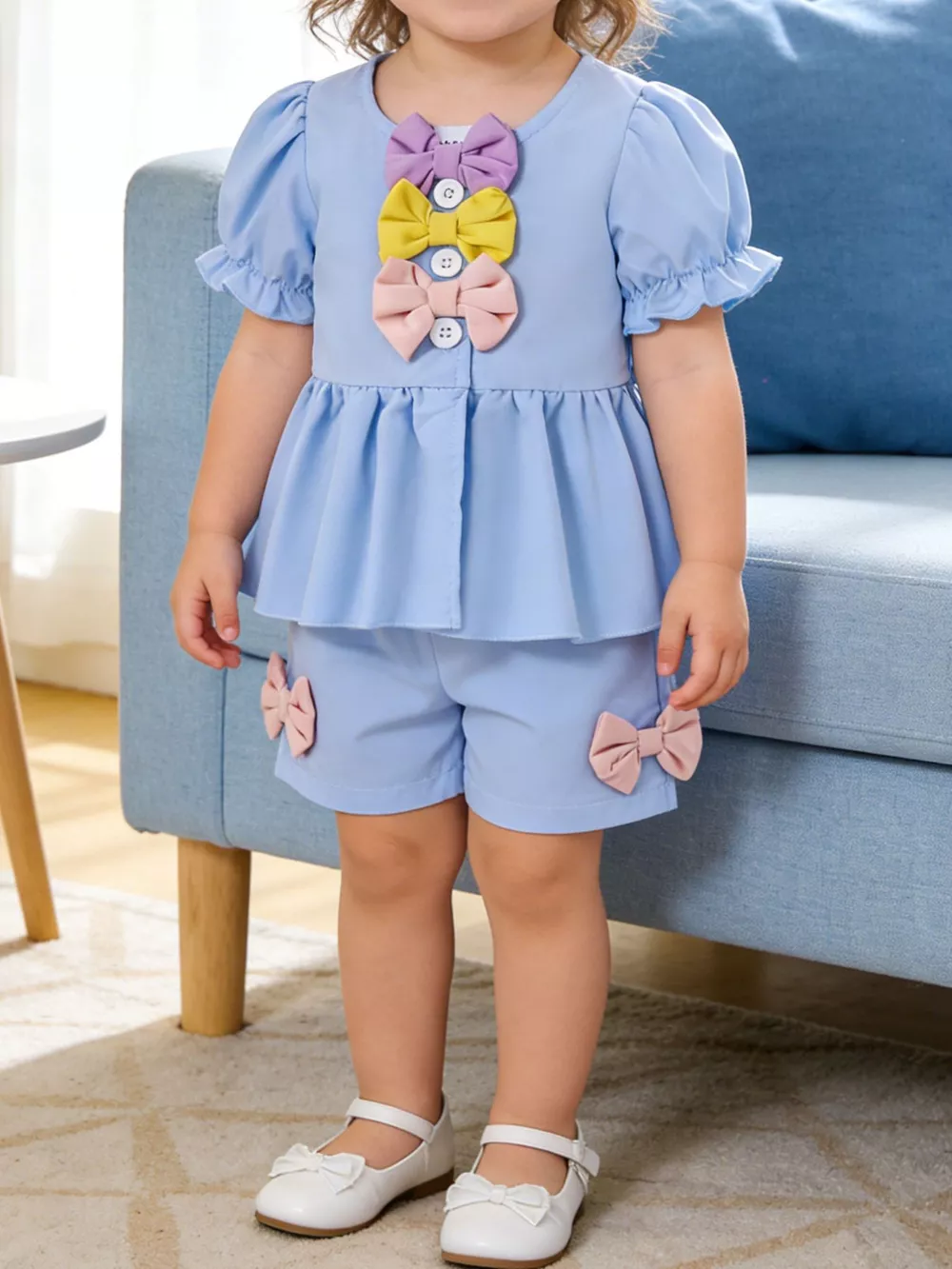 Children's Bow Puff Sleeve Top and Shorts Set, image 2