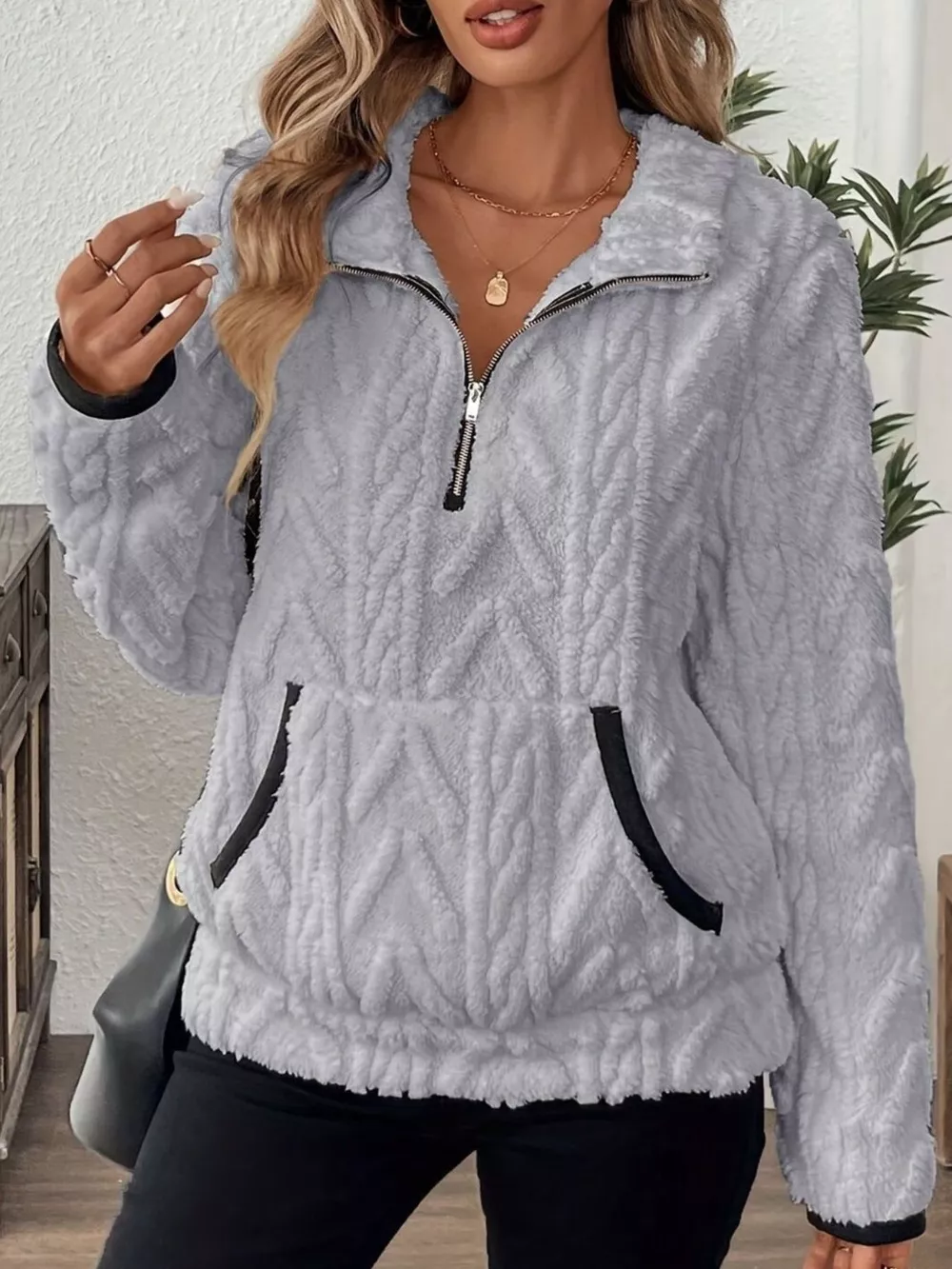 Full Size Half Zip Kangaroo Pocket Sweatshirt Plus Size, image 26