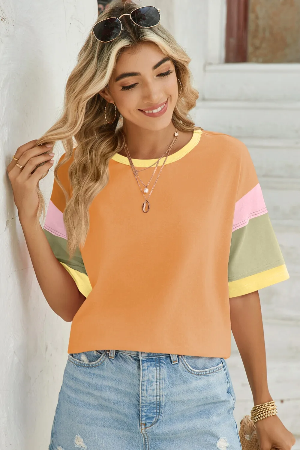 Color Block Round Neck Half Sleeve T-Shirt, image 2