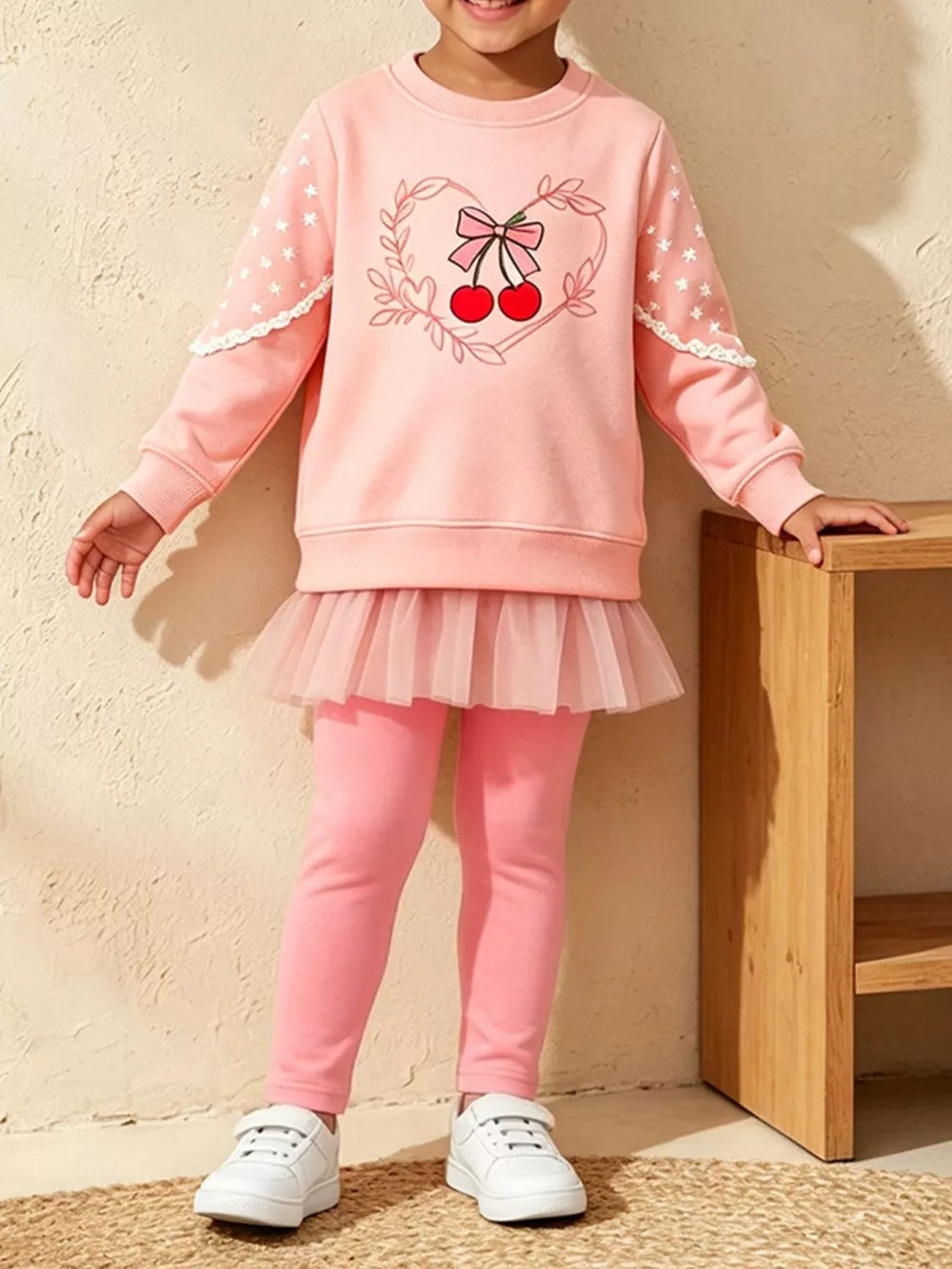 Children's Cherry Graphic Tulle Sweatshirt and Leggings Set