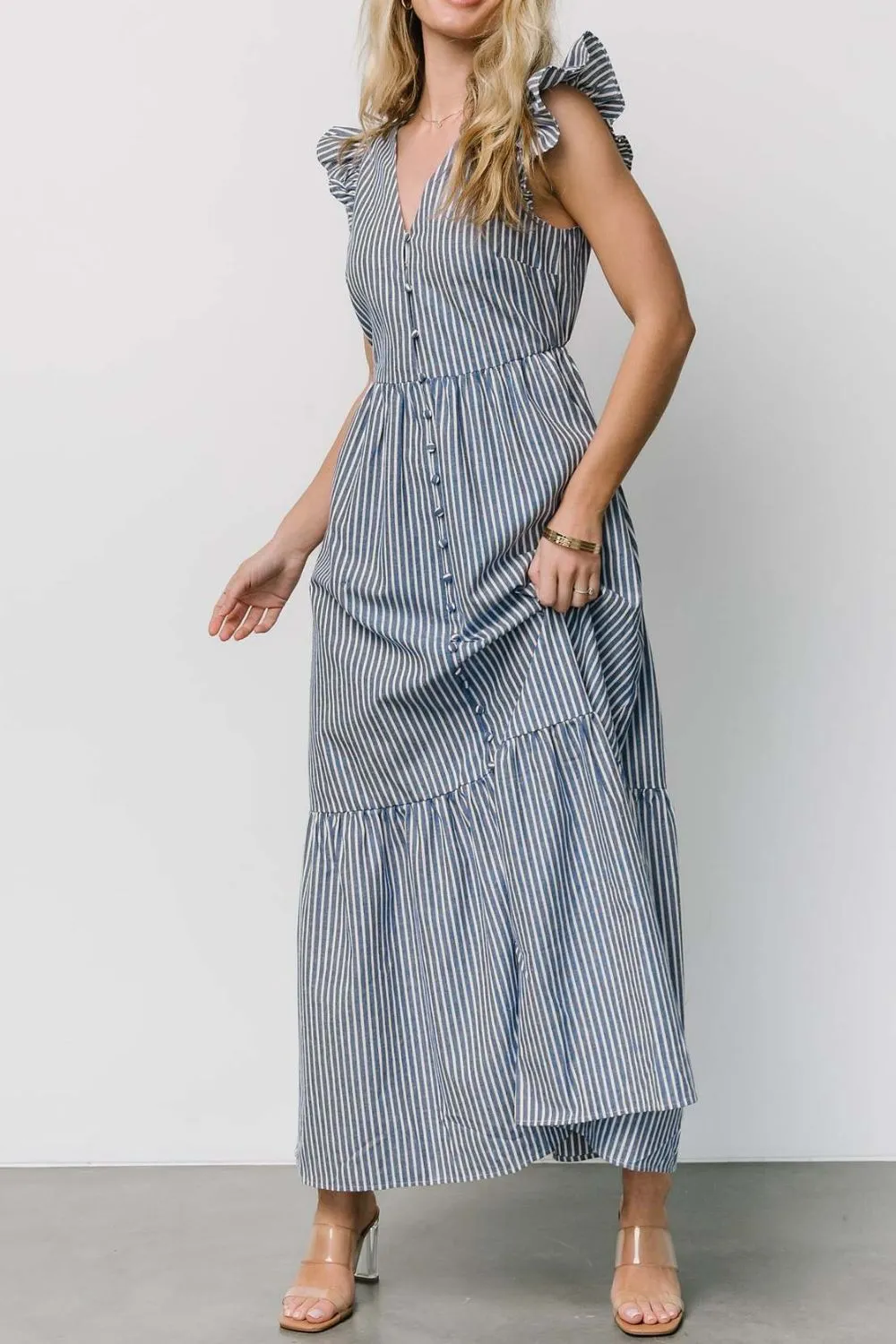 Slit Striped V-Neck Ruffled Cap Sleeve Dress, image 2