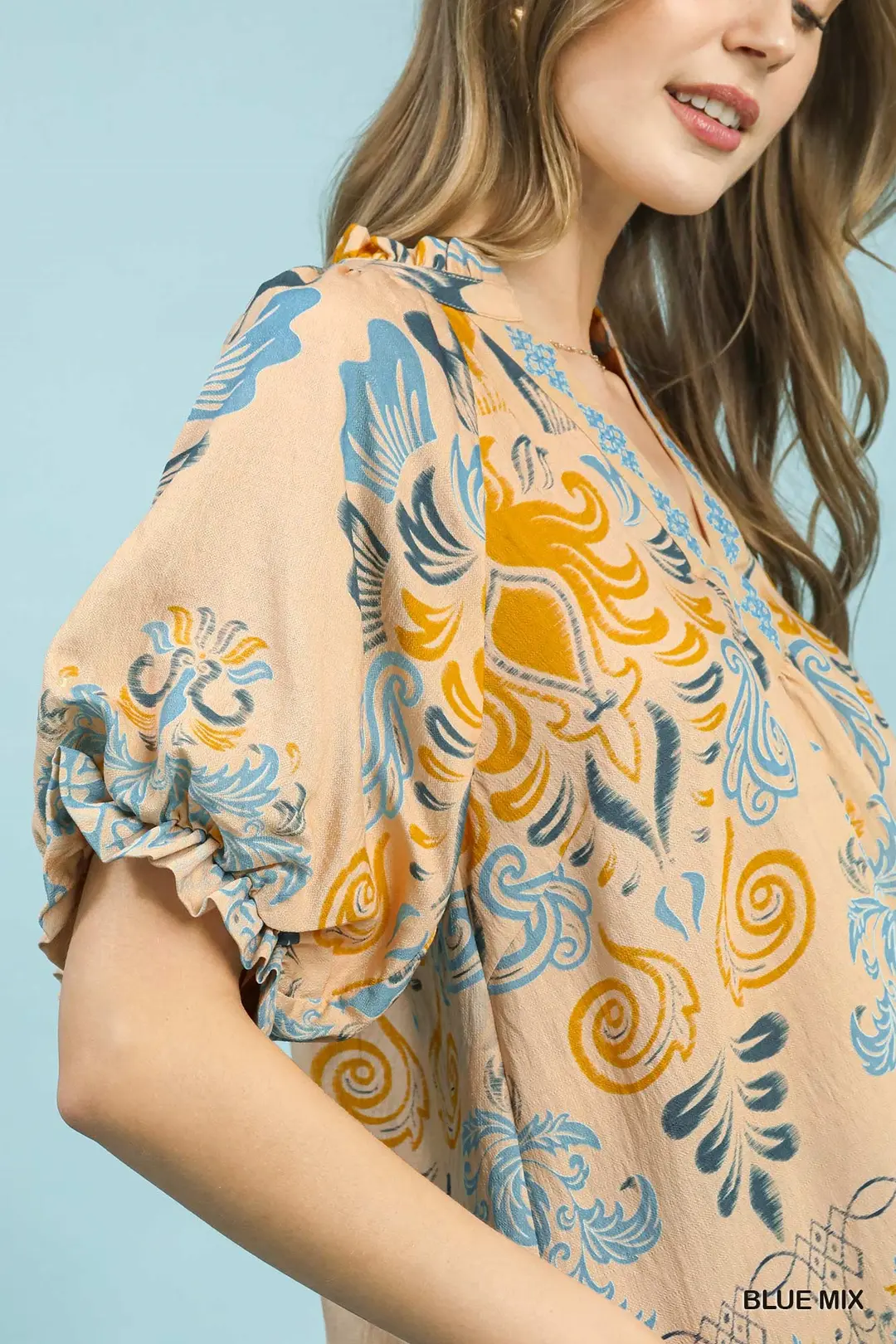 Border Print Puff Sleeve V-Neck Blouse, image 5