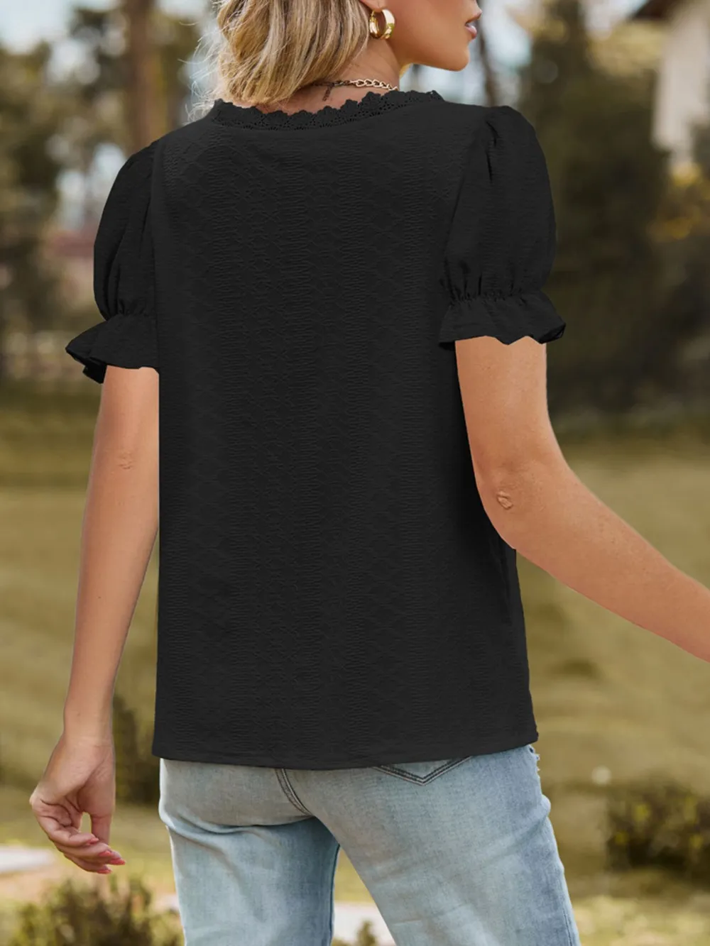 Lace Trim V-Neck Puff Sleeve Blouse, image 7