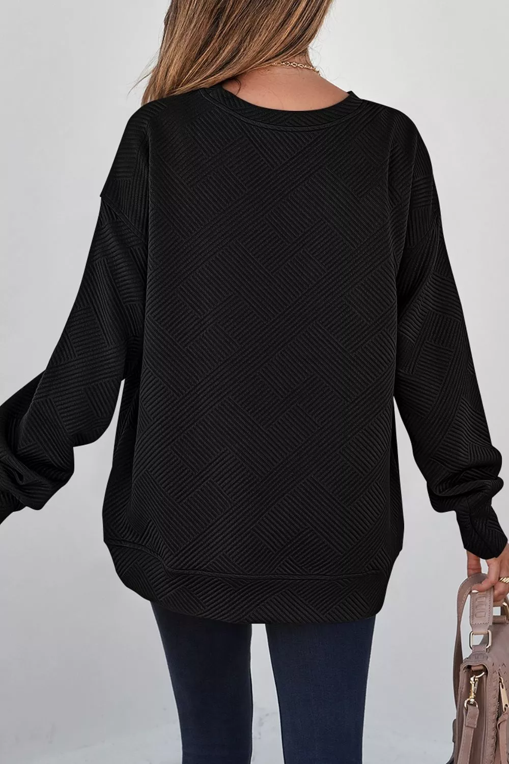 Solid Color Textured Round Neck Drop Shoulder Pullover Sweatshirt, image 2