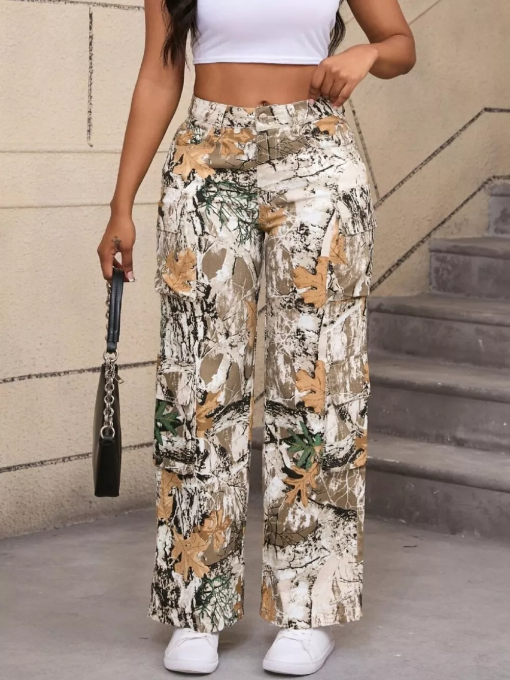 High-Waisted Camouflage Print Cargo Pants